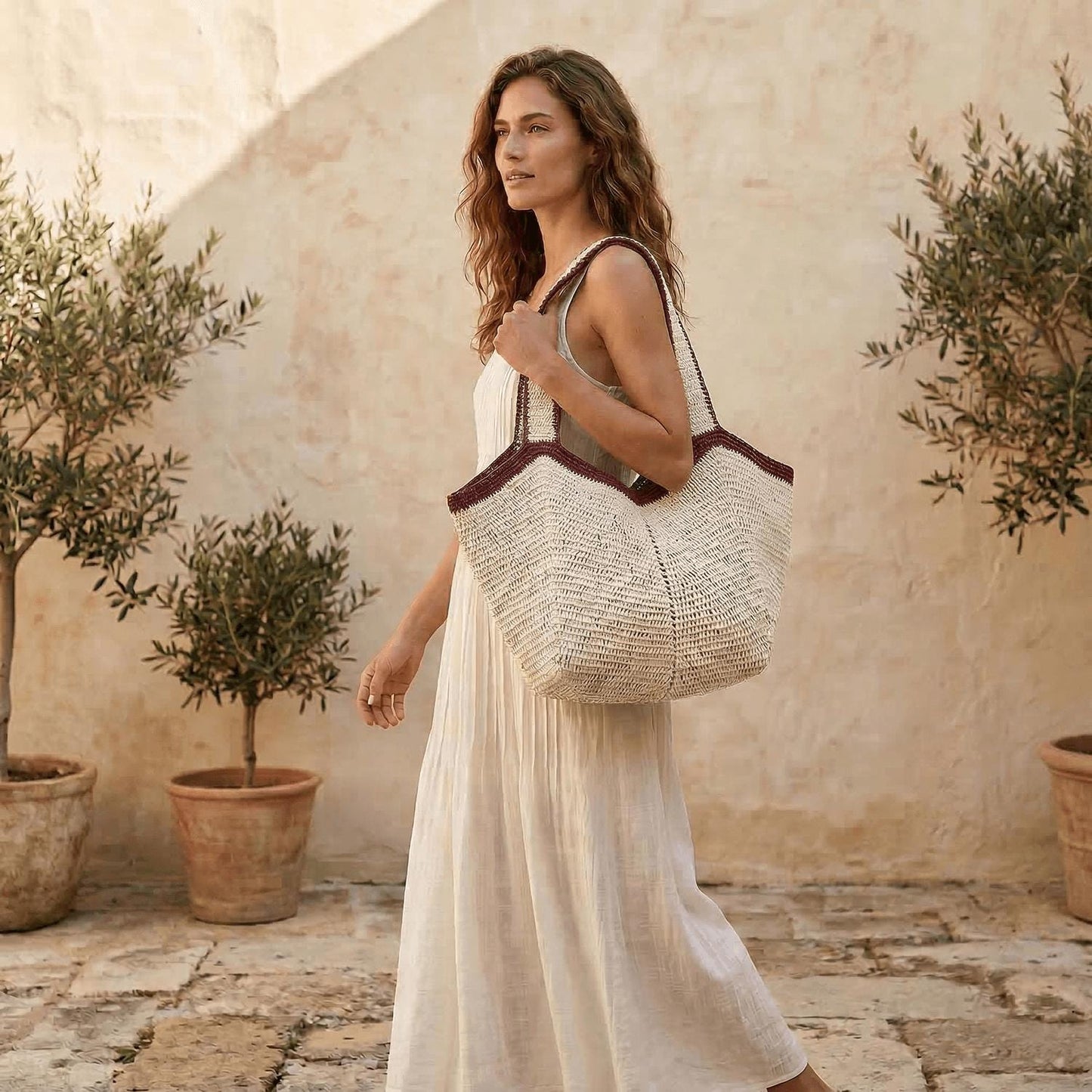 Large Angular Two Tone Slouch Raffia Straw Tote Bag