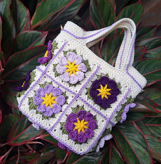 Crossbody flower bag, Crochet Granny square bag, small floral handbag, pink purple yellow flower bag, 20cmx20cm bag, Xmas Christmas gift
