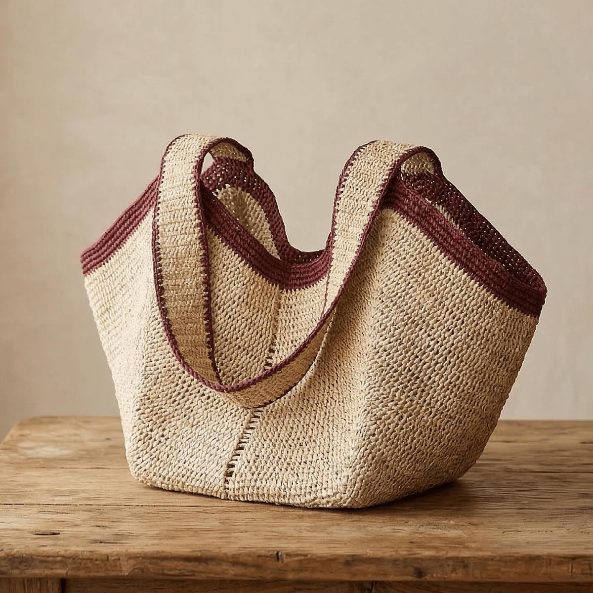 Large Angular Two Tone Slouch Raffia Straw Tote Bag