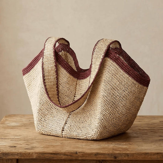 Large Angular Two Tone Slouch Raffia Straw Tote Bag