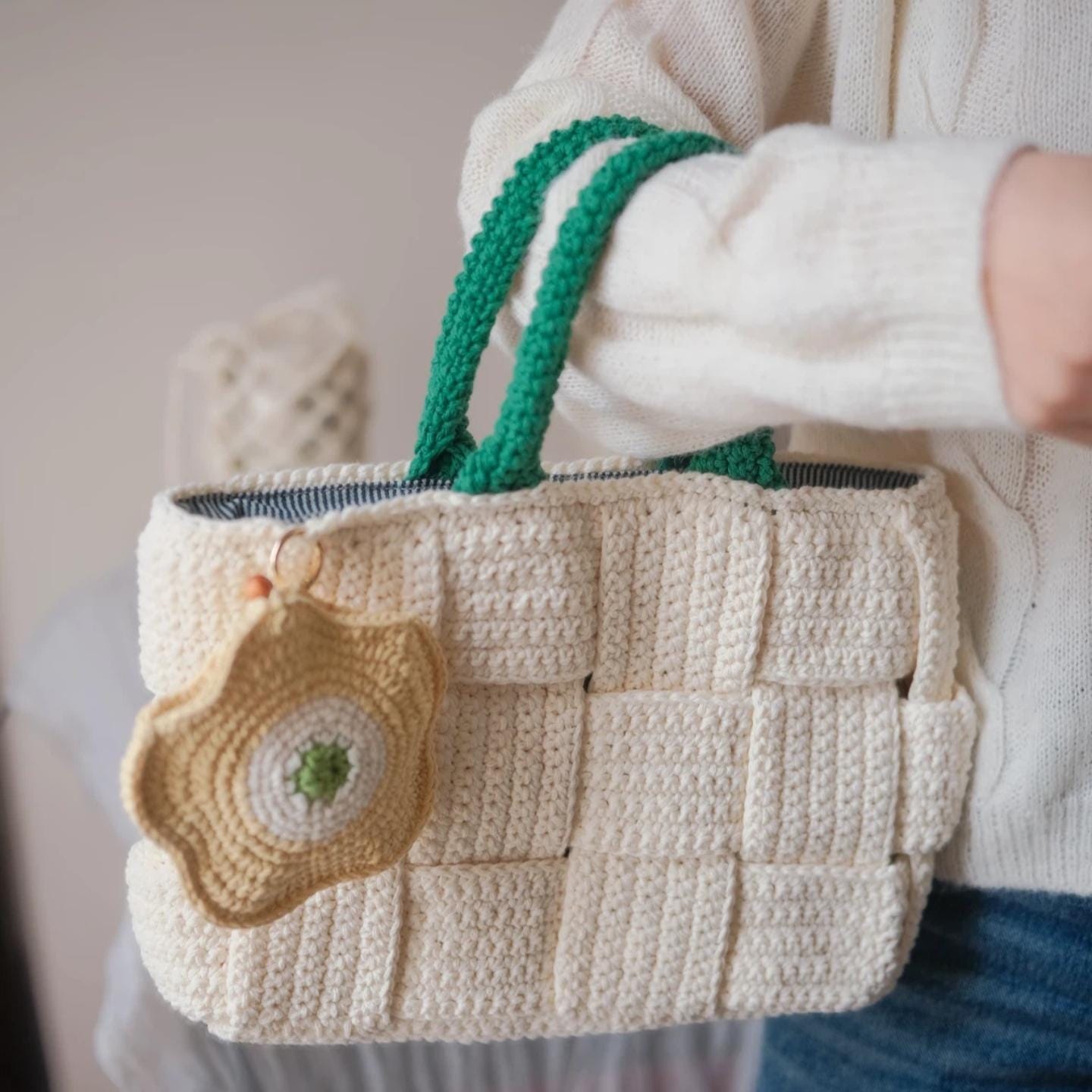 Classic Handmade Crochet Tote - Heavy-Duty Woven Basket Purse, Large Capacity Knit Shoulder Bag with Secure Snap Button, Gift for mon
