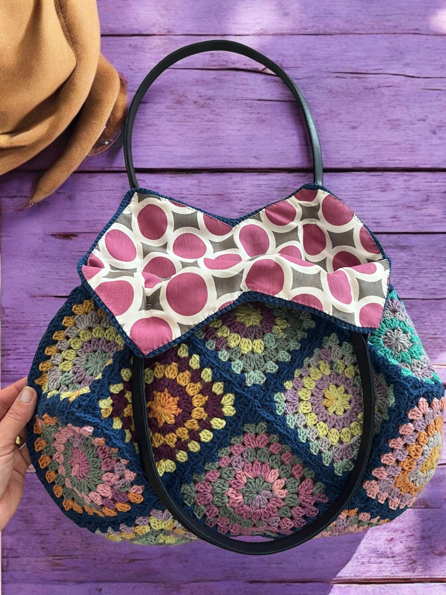 Navy Blue Crochet Bag: Handmade Granny Square Tote with Leather Handles