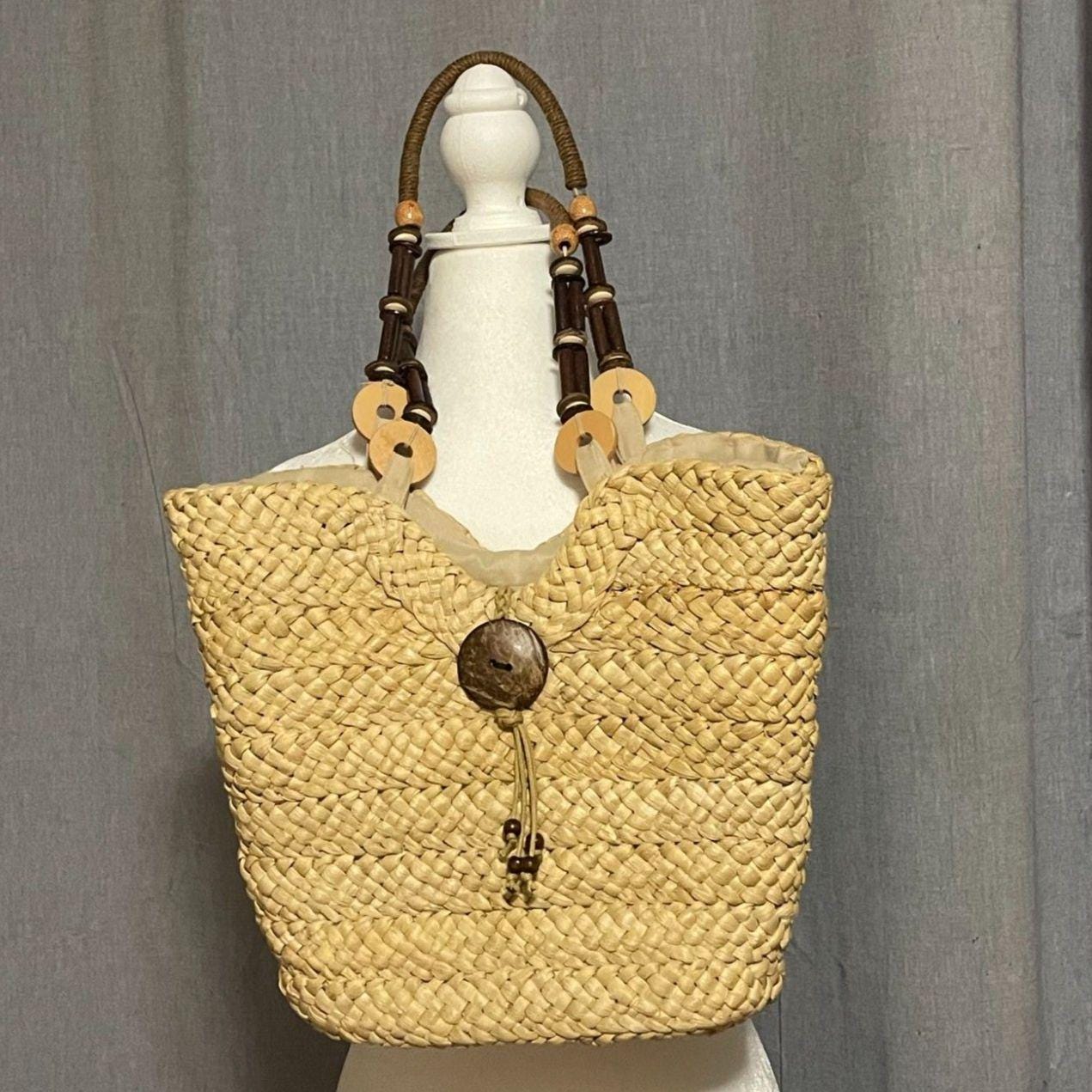 Sun N Sand Straw Tote Bag Woven Beach Handbag Boho Wood Handle Large