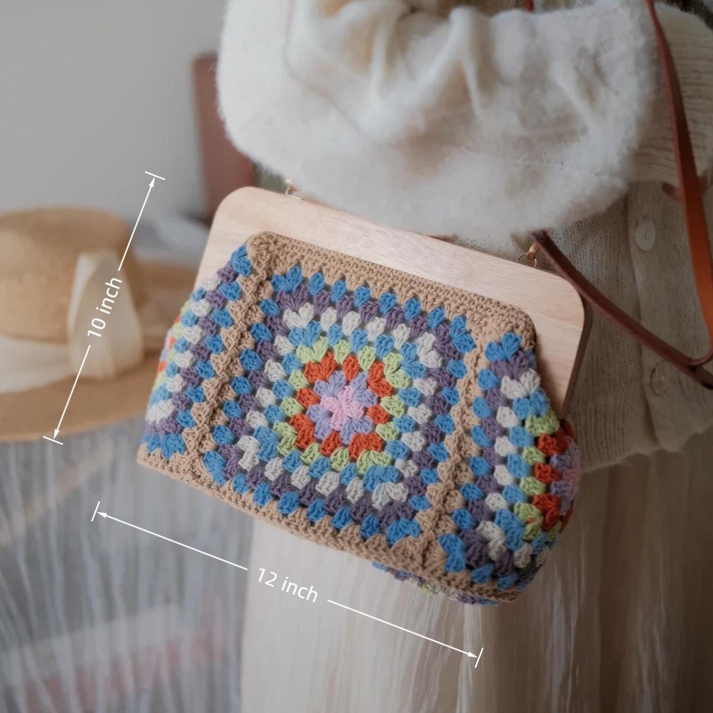 One of a Kind Crochet Granny Square Bag, Heavy Duty Handmade Wooden Frame Clutch, Gift for mom, Gift for her, Brithday gift