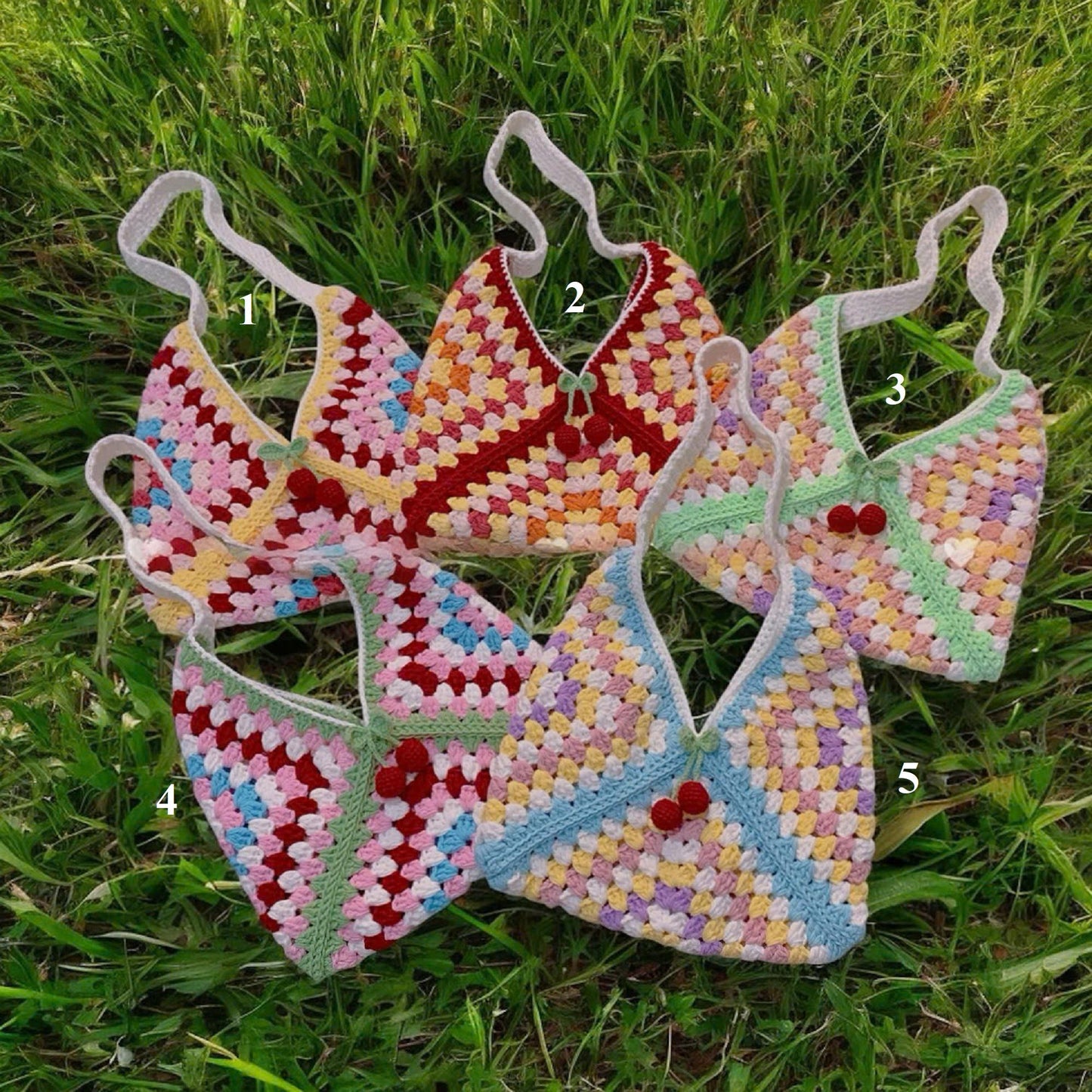 Crochet Granny Square Shoulder Bag, Handmade Purse with Cherry Charm, Valentine Gift, Gift for her, Birthday Gift