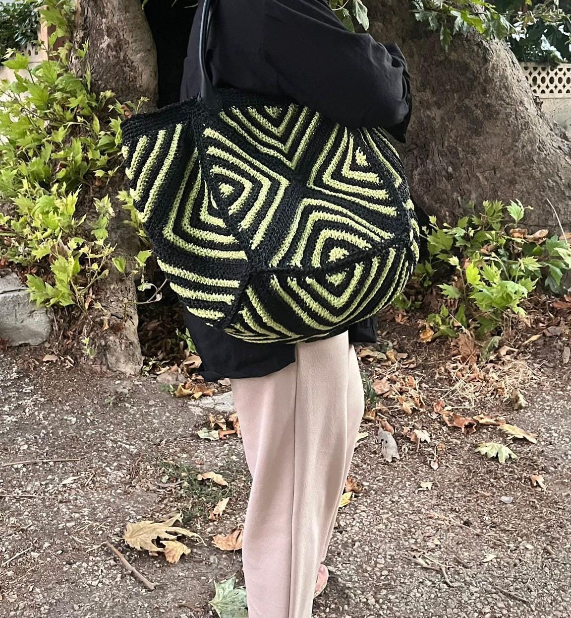 Handmade Black  and Yellow Geometric Crochet Bag â€?Beach &amp; Everyday Tote