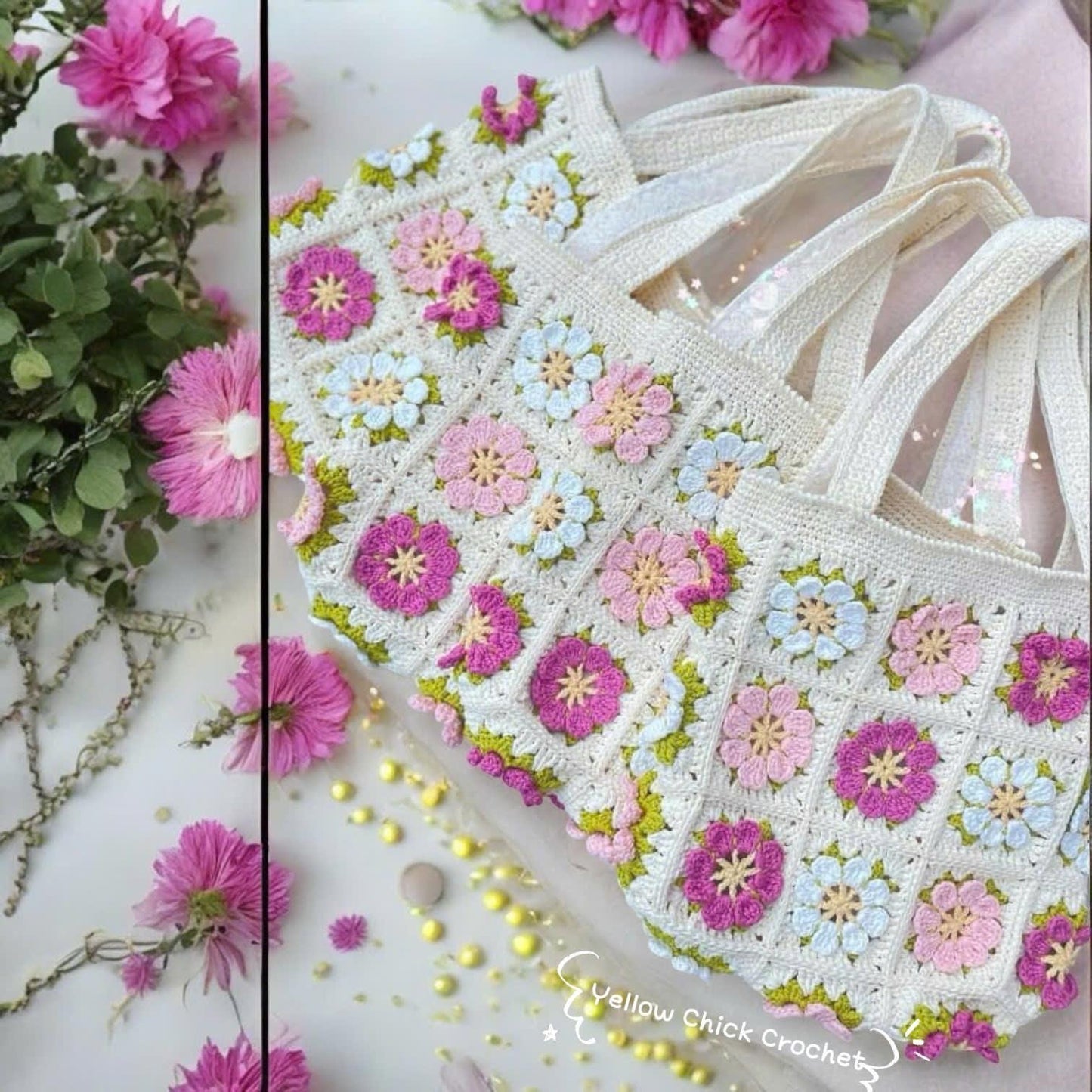 Flower Tote bag, Floral bag, Crochet Granny square bag, handmade shoulder bag, pink flower summer beach bag, mother's day gift, easter gift