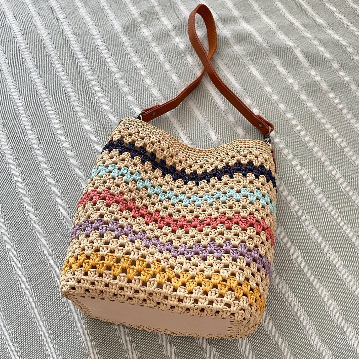 Ocean Stripe Crochet Bag, Handmade Shoulder Bag, Handbag Gift for Her