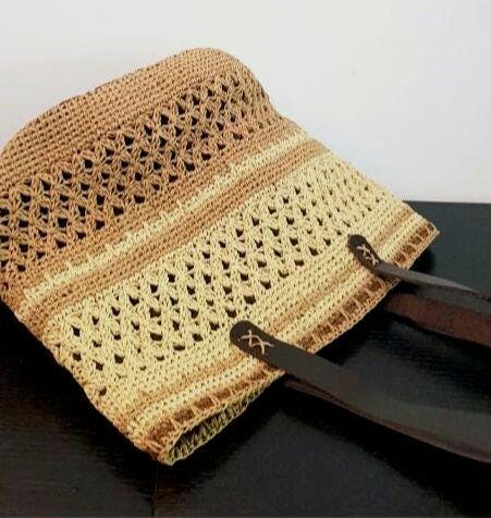 Boho Raffia Crochet Tote Bag, Handmade Summer Beach Purse with Leather Handles
