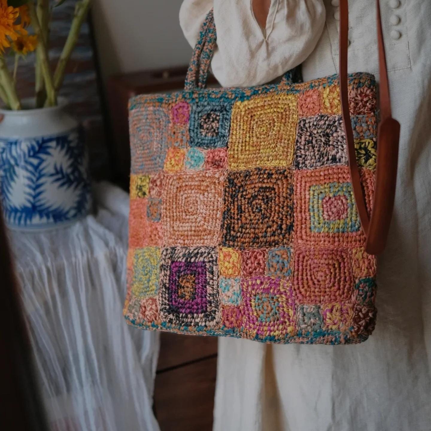 Handmade Boho Chic Raffia Handbag, Colorful Crochet Tote Bag, Woven Beach Bag with Magnetic Snap, Perfect for Vacation, Gift for Her