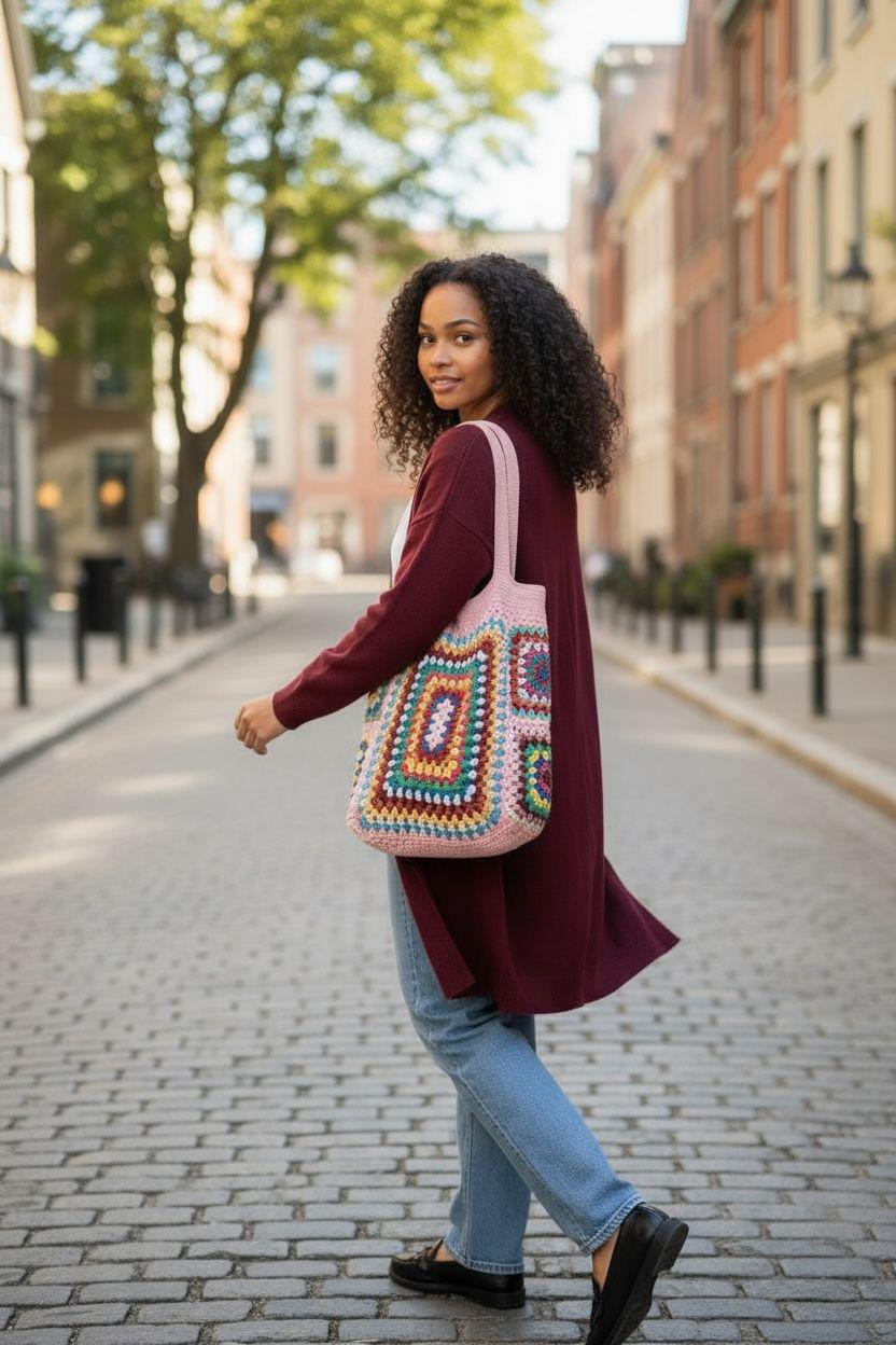 Crochet Granny Square Tote Bag: Boho Vintage Shoulder Bag