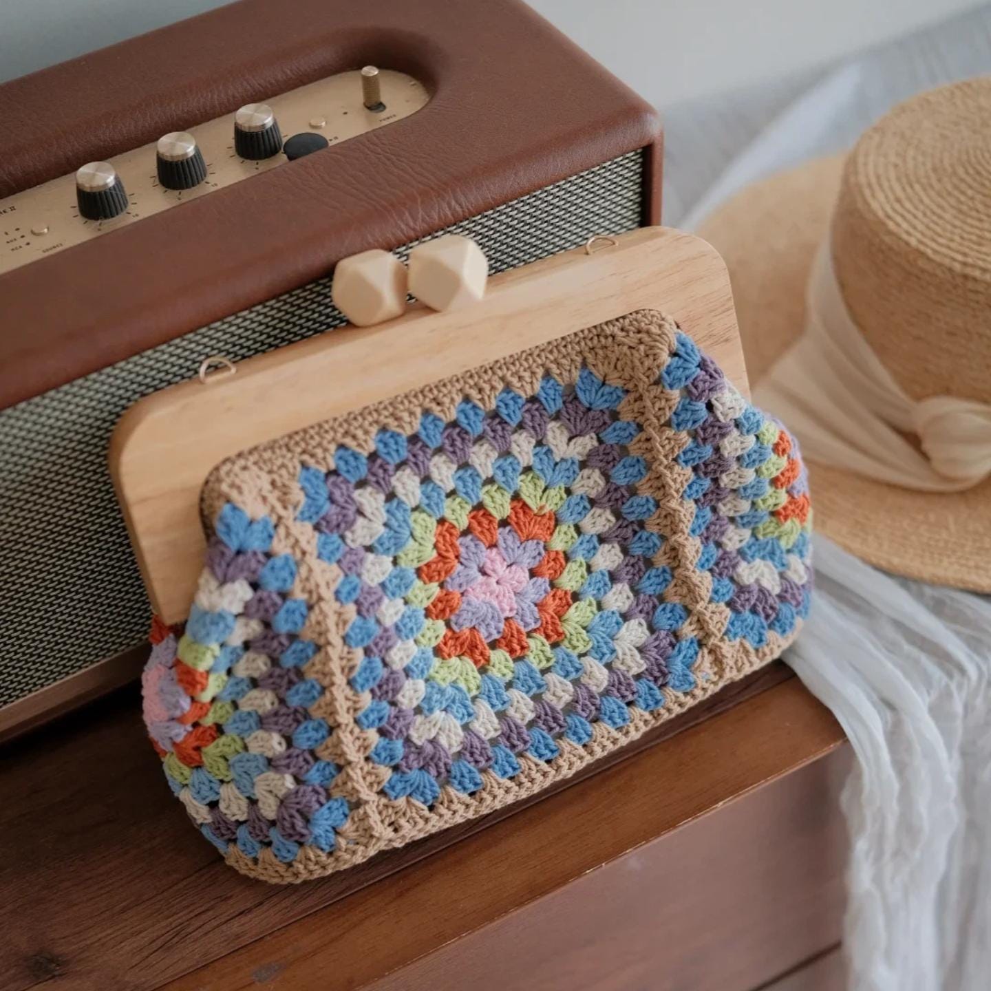 One of a Kind Crochet Granny Square Bag, Heavy Duty Handmade Wooden Frame Clutch, Gift for mom, Gift for her, Brithday gift