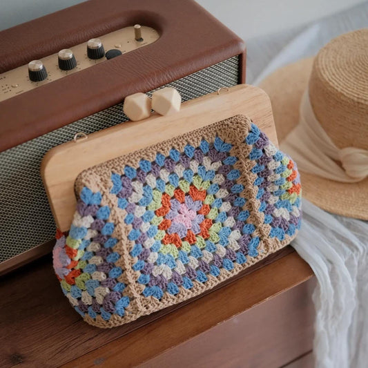 One of a Kind Crochet Granny Square Bag, Heavy Duty Handmade Wooden Frame Clutch, Gift for mom, Gift for her, Brithday gift