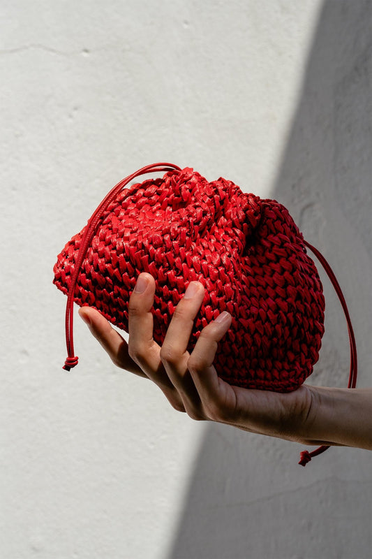 Raffia Pouch Bag, Crochet Raffia Handbag, Short Strap Crossbody, Summer Wrist Bag, Minimal Straw Bag, Red Mini Bag — The Aster Raffia Pouch