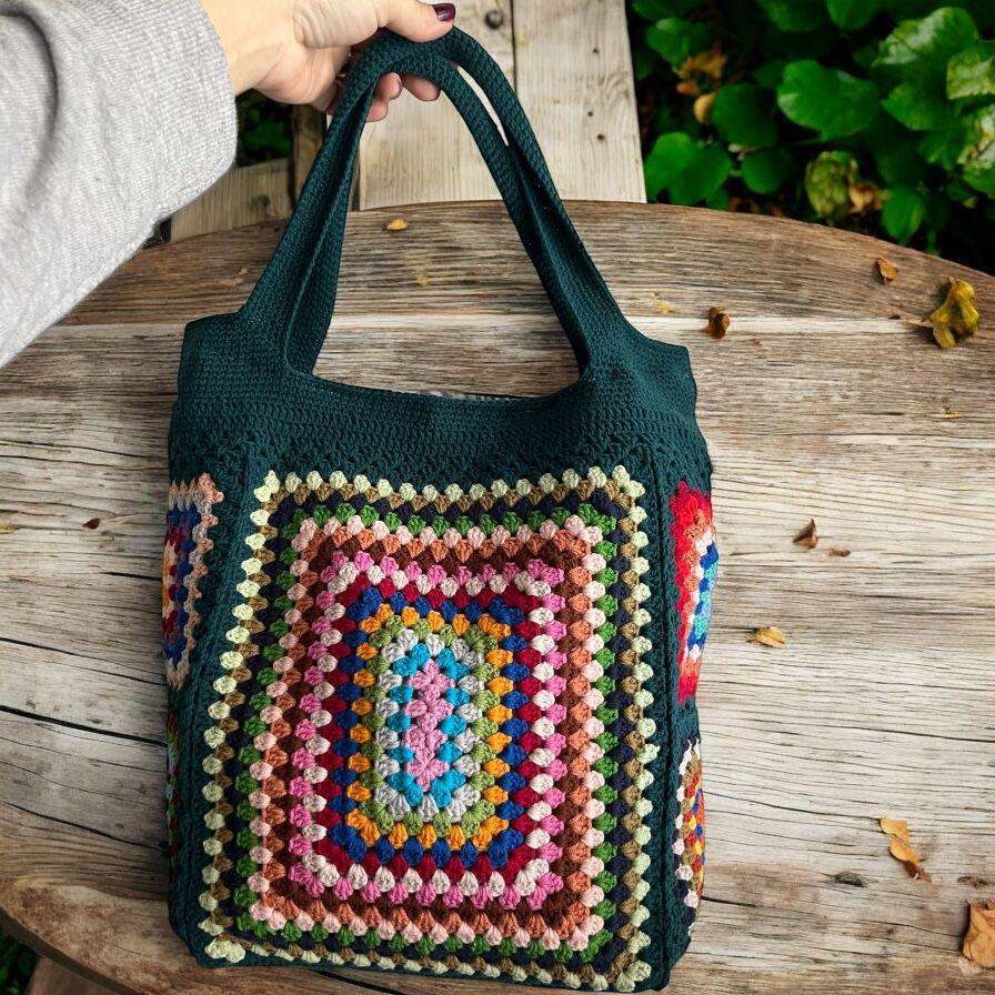 Crochet Granny Square Tote Bag: Colorful Boho Beach Bag