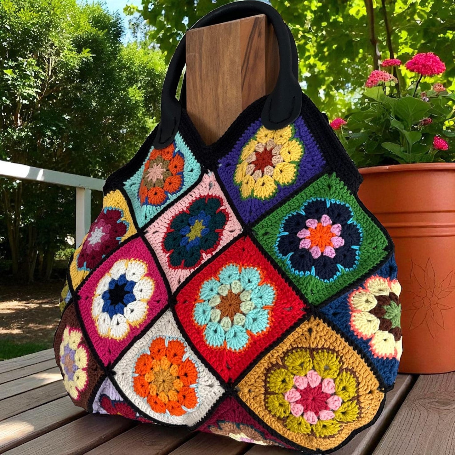 Colorful Granny Square Crochet Tote Bag â€?Handmade Boho Market Bag â€?Retro Patchwork Purse