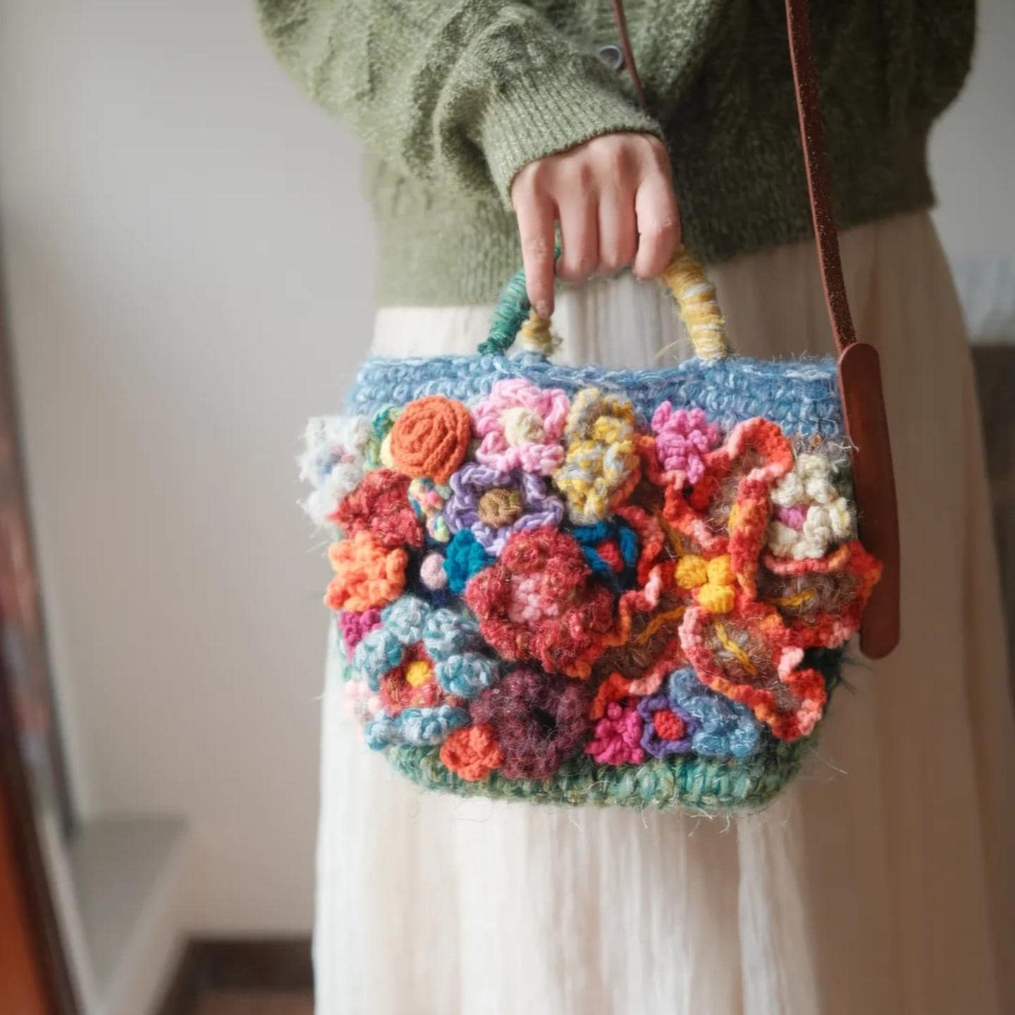Original Crochet Flower Tote, Hand-Knitted Wool Blend Bag,Floral Applique Purse, Artistic Shoulder Bag, Gift for Her, Wedding Guest Bag