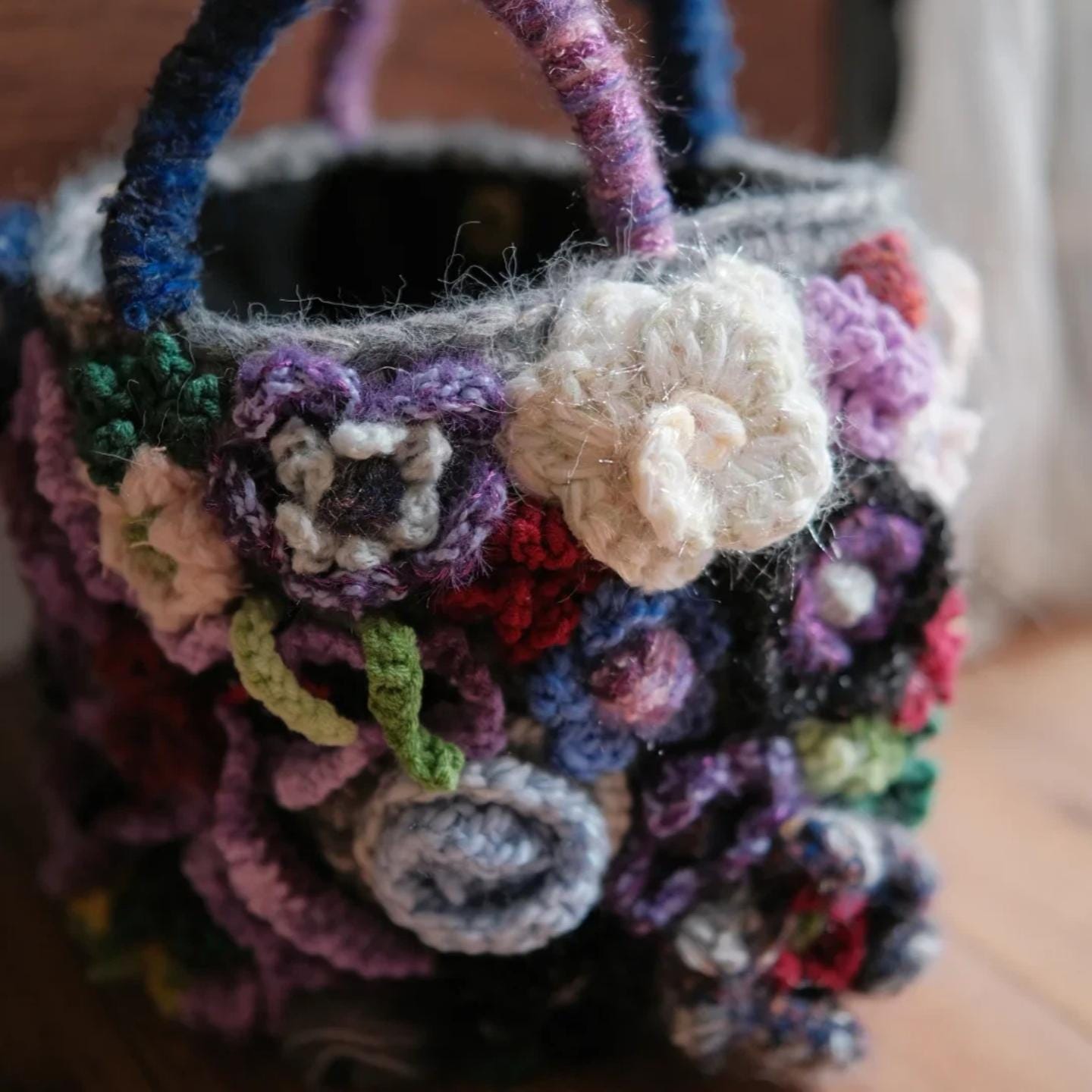Handmade 3D Flower Crochet Bag, Boho Tote, Colorful Textured Knit Purse, Unique Artisan Handbag, Mother's Day Gift for Mom