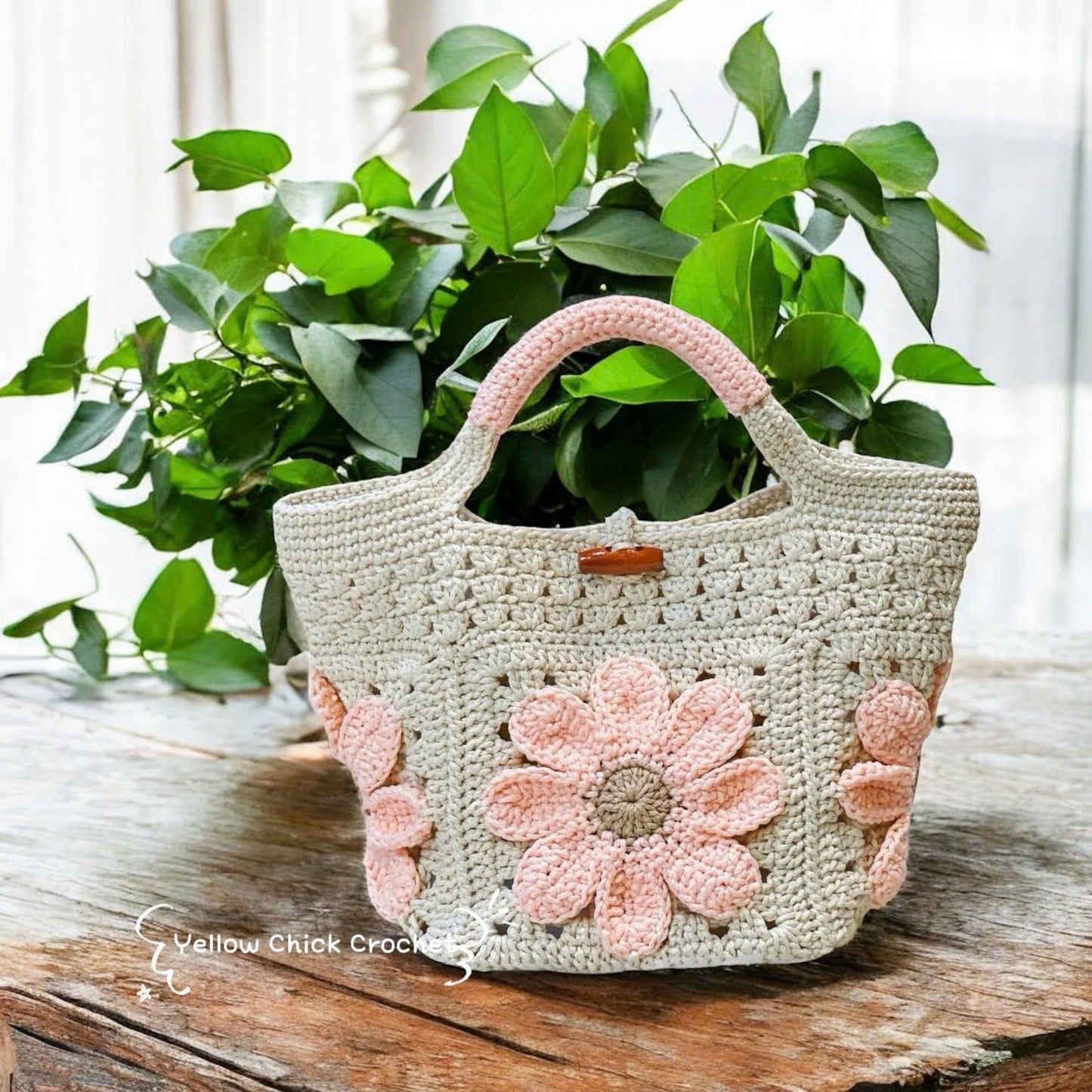 Tote bag, Crochet Granny square bag, handmade handle bag, pink flower summer beach bag, birthday gift, gift for her, Valentine Gifts