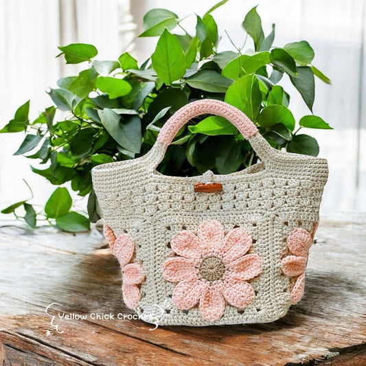 Tote bag, Crochet Granny square bag, handmade handle bag, pink flower summer beach bag, birthday gift, gift for her, Valentine Gifts