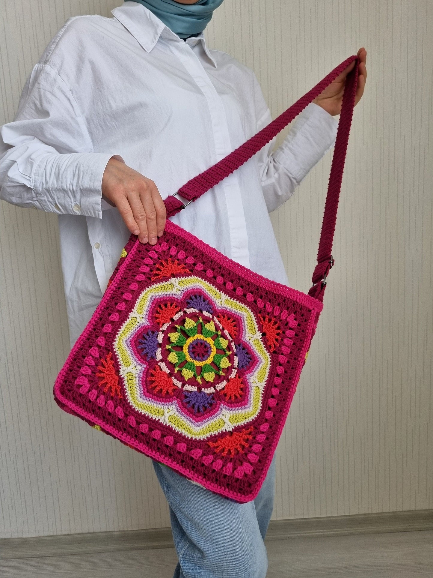 Handmade Granny Square Crochet Bag: Cherry Red Crossbody, Winter Style Gifts
