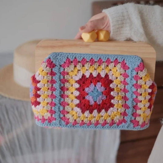 Handmade Granny Square Shoulder Bag, Anti-Pilling Yarn Wooden Frame Purse, Unique Crossbody Clutch, 10x12 Inch Handbag, Gift for her