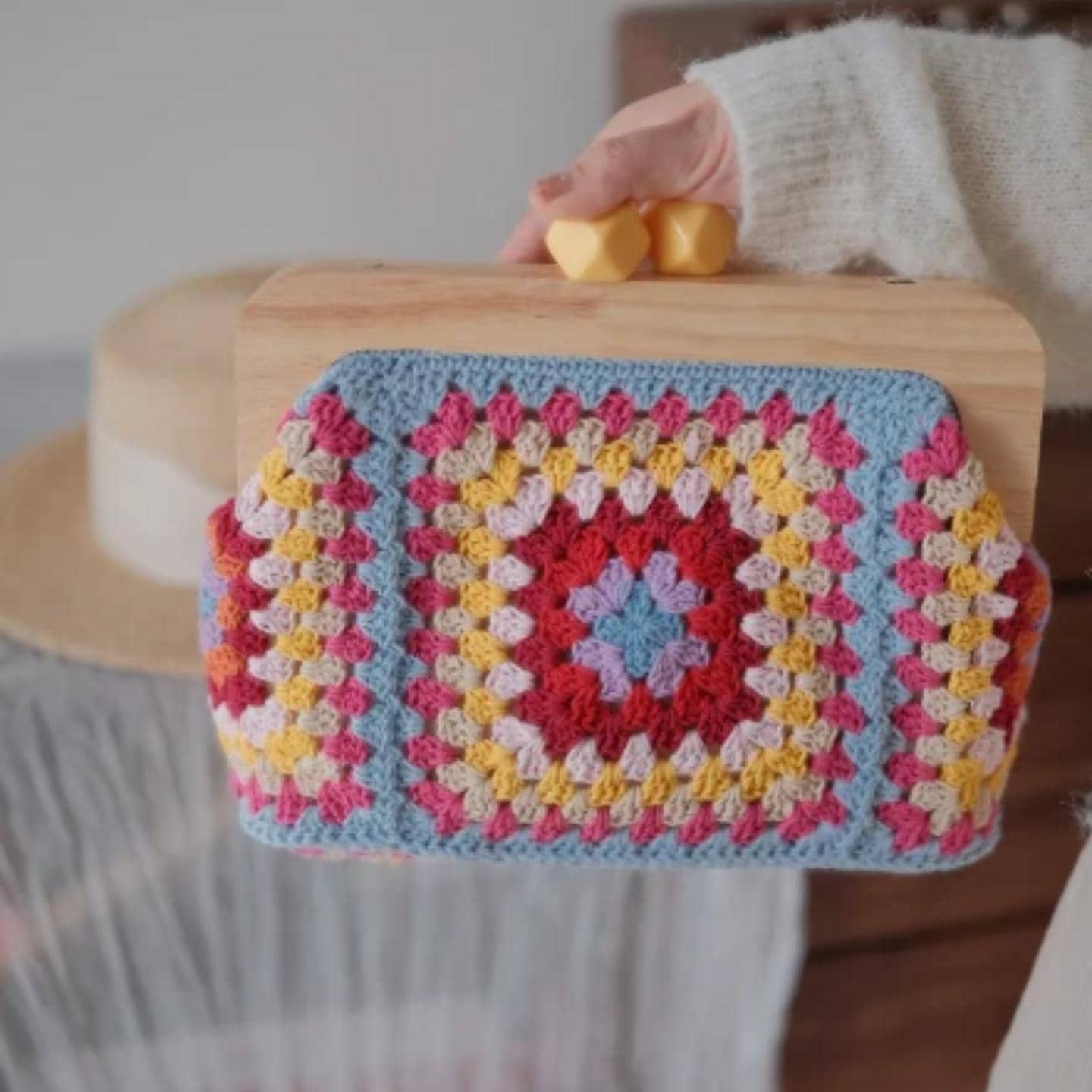 One of a Kind Crochet Granny Square Bag, Heavy Duty Handmade Wooden Frame Clutch, Gift for mom, Gift for her, Brithday gift