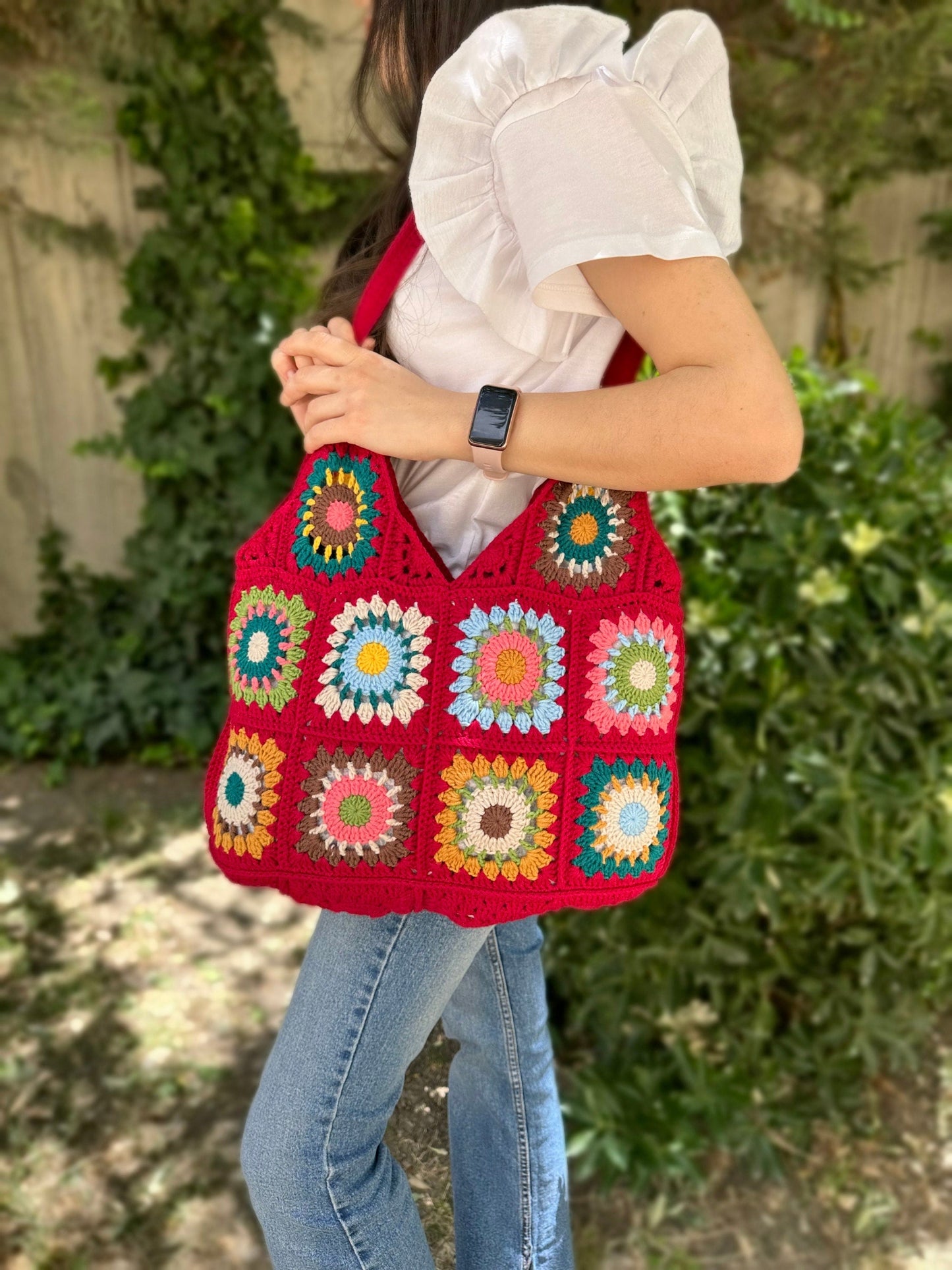 Crochet Granny Square Tote Bag: Red Boho Shoulder Bag, Handmade Hobo Bag