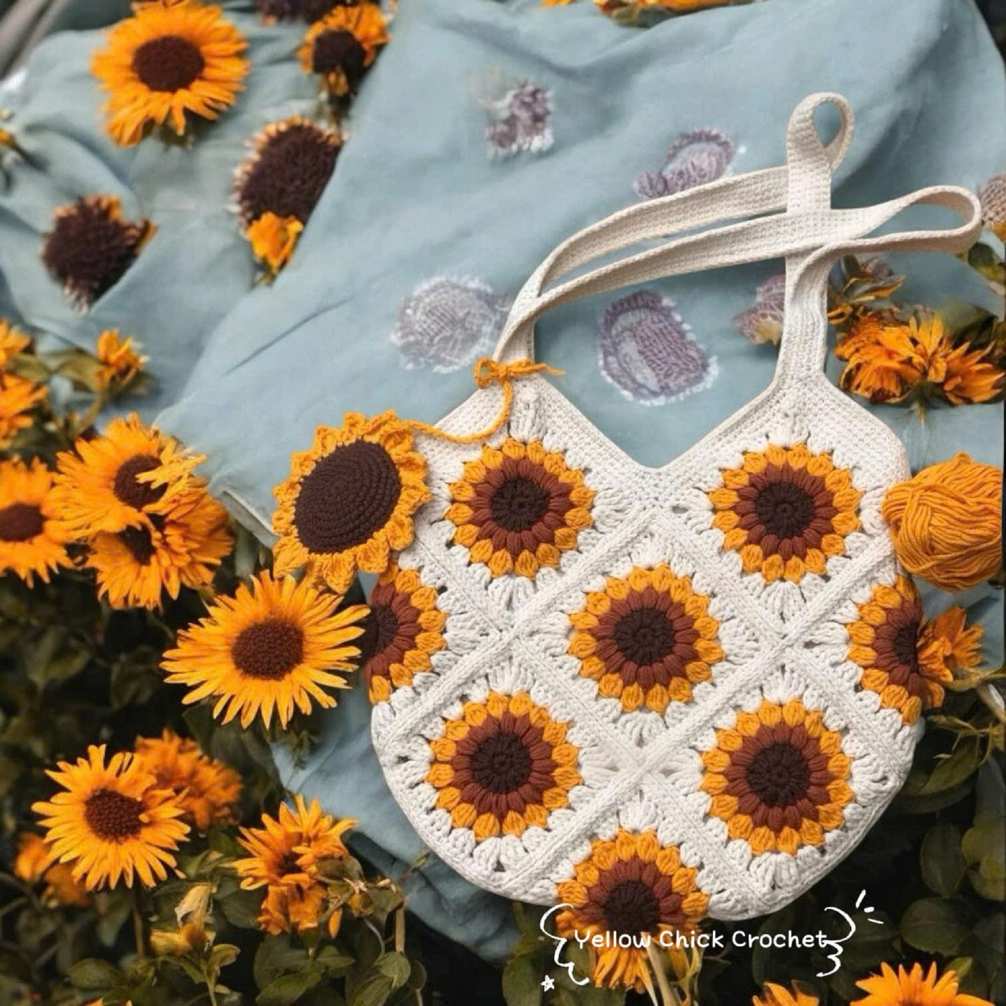 Crochet Sunflower Granny Square Bag, Handmade Yellow Flower Tote, Custom color, New Year Bag, Christmas Bag, Xmas Gift