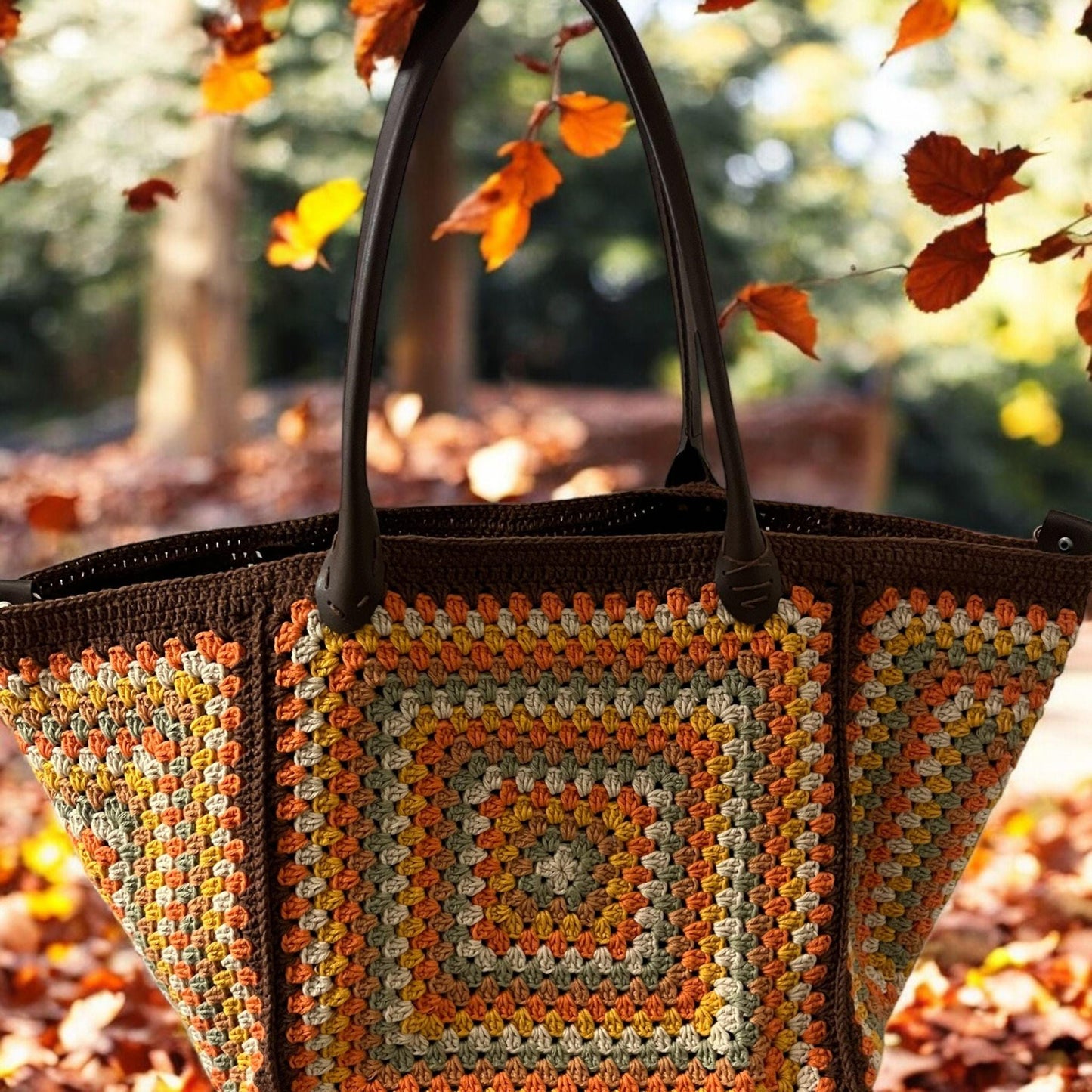 XXL Granny Square Crochet Bag: Autumn Colors, Leather Handles