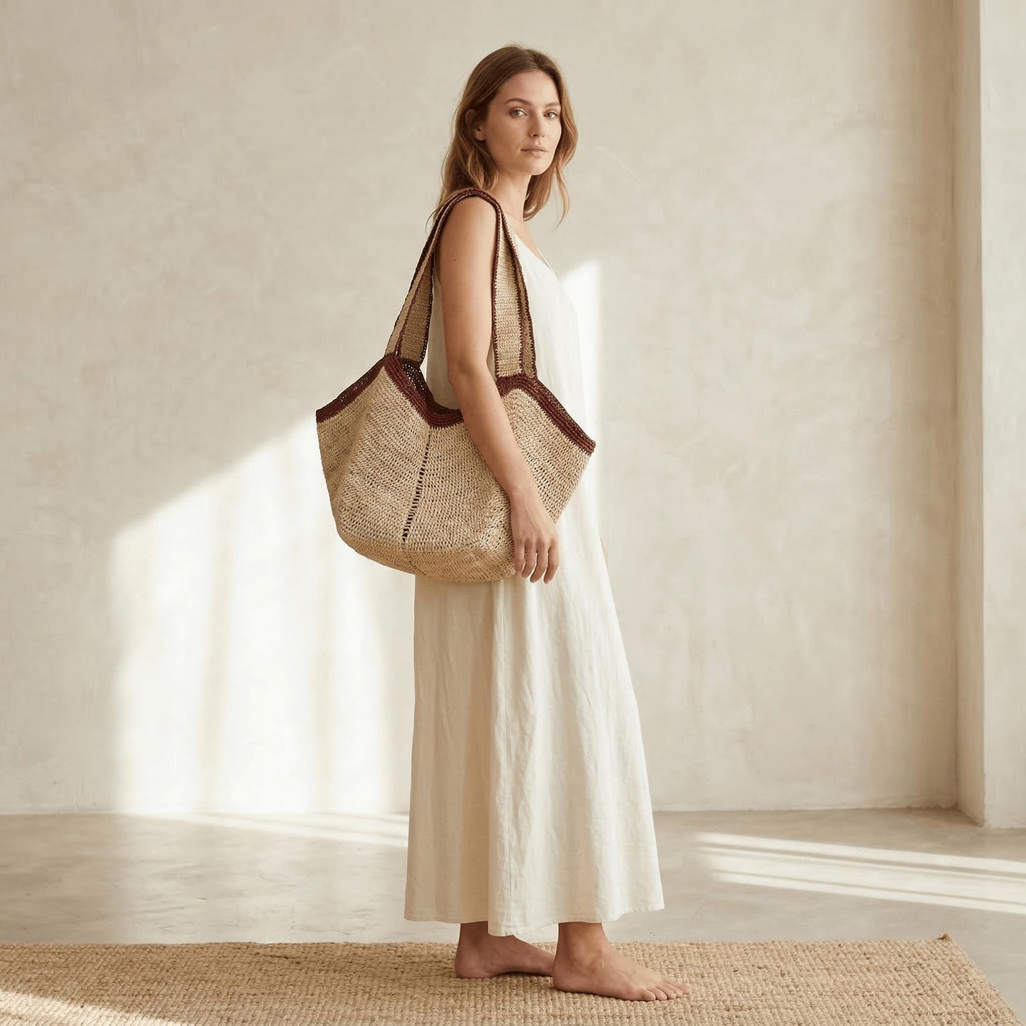 Large Angular Two Tone Slouch Raffia Straw Tote Bag
