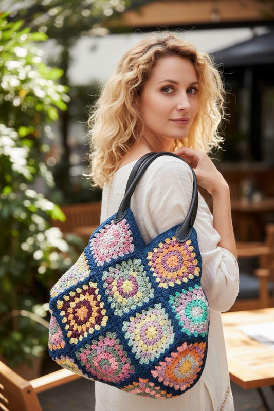 Navy Blue Crochet Bag: Handmade Granny Square Tote with Leather Handles