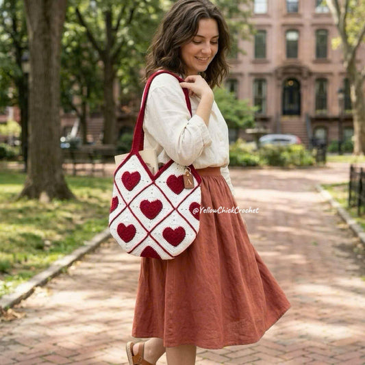 Handmade Heart Crochet Tote Bag,Granny Square Shoulder Bag with Lining,Romantic Coquette Aesthetic Purse,Red Heart Knitting Bag,Gift for Her