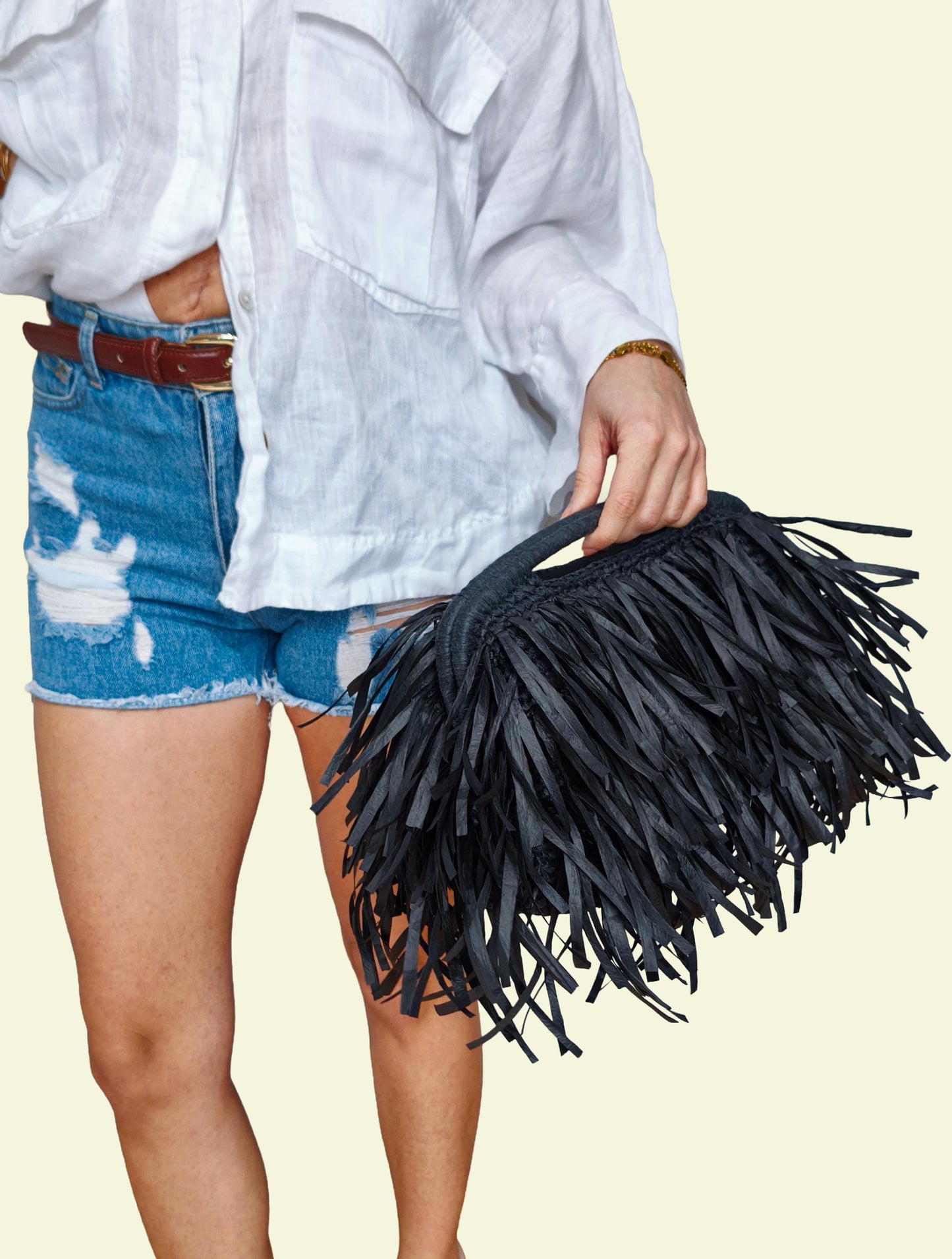 Black Raffia Fringe Clutch, Boho Top Handle Purse, Handmade Woven Handbag, Personalized Color Summer Bag, Statement Wedding Accessory