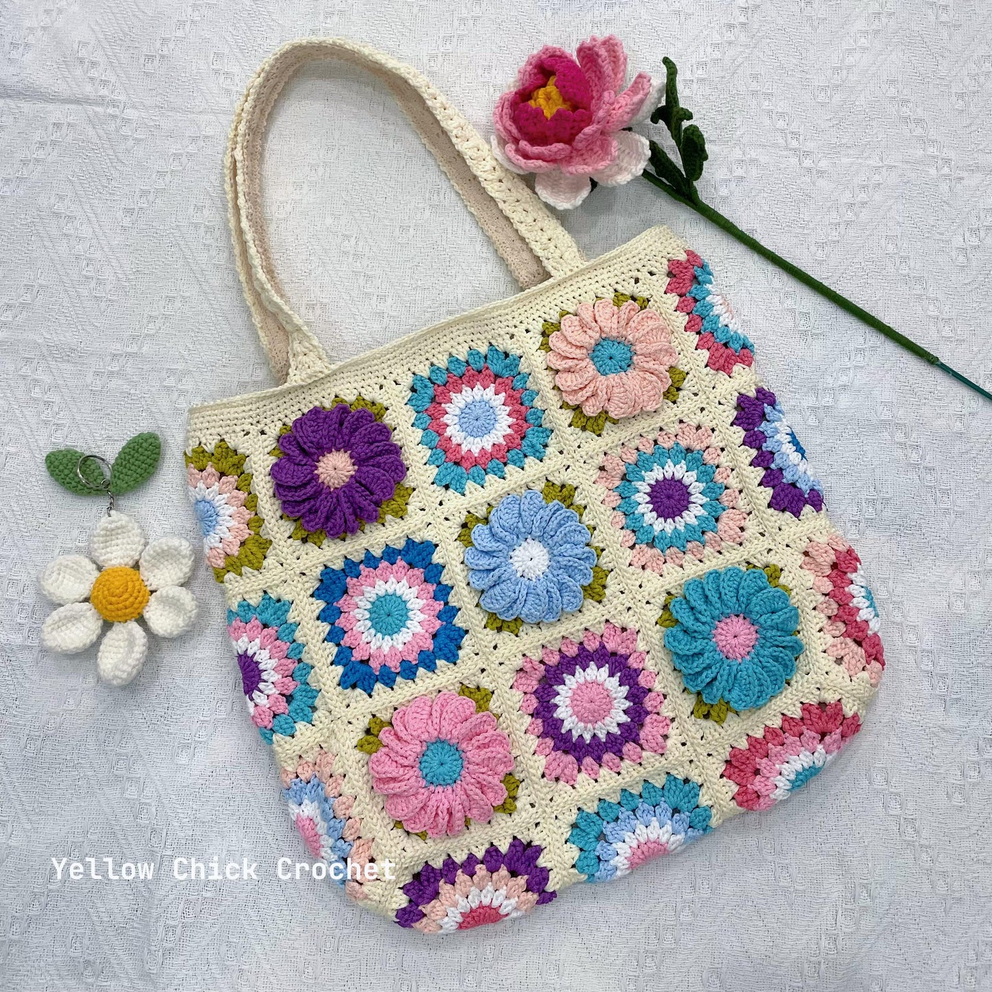 Floral Crochet Granny Square Tote,Unique Bloom Flower Bag,Handmade Tote Bag, Mother Day gift, Easter Gift, Travel Bag, Spring Accessory