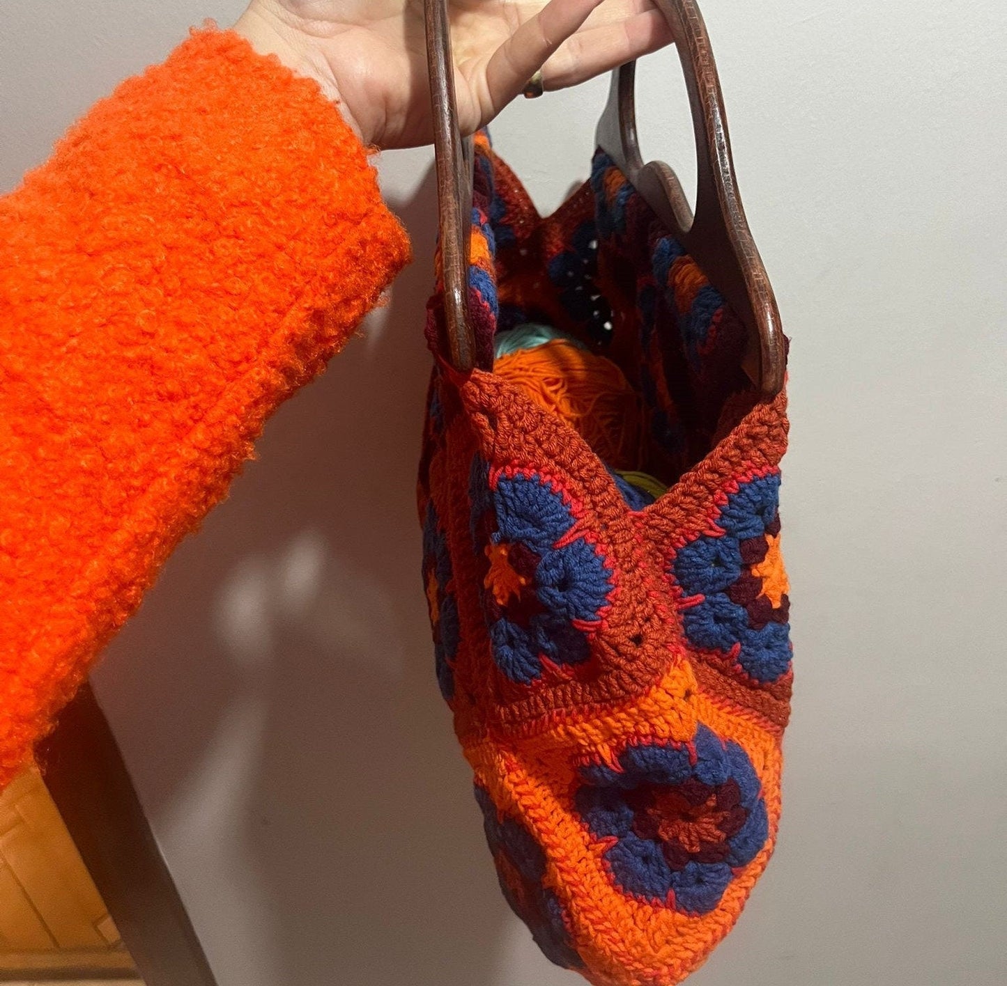 Boho Crochet Granny Square Tote â€?Handmade Vintage Style Purse with Wooden Handles