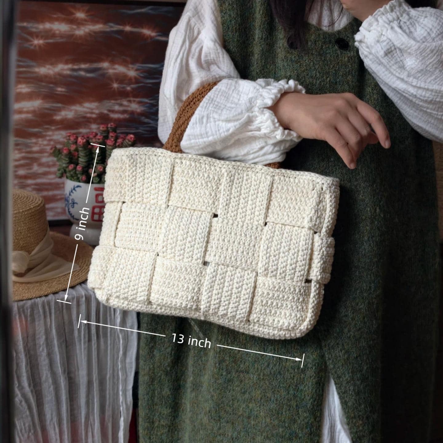 Classic Handmade Crochet Tote - Heavy-Duty Woven Basket Purse, Large Capacity Knit Shoulder Bag with Secure Snap Button, Gift for mon