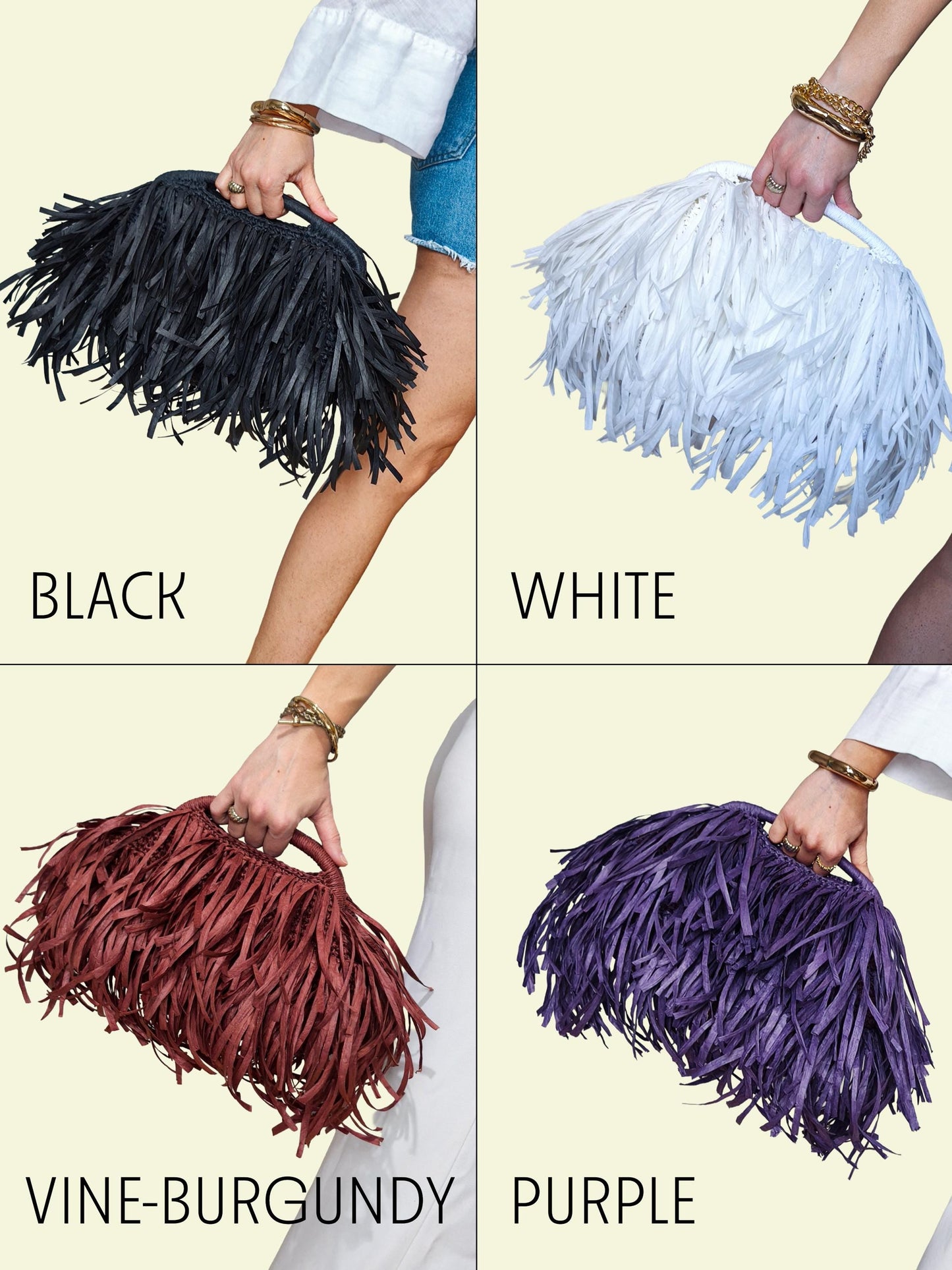 Black Raffia Fringe Clutch, Boho Top Handle Purse, Handmade Woven Handbag, Personalized Color Summer Bag, Statement Wedding Accessory