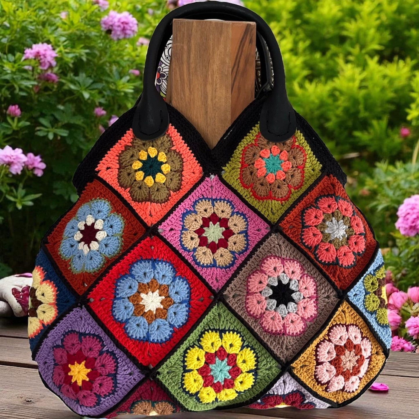 Colorful Granny Square Crochet Tote Bag â€?Handmade Boho Market Bag â€?Retro Patchwork Purse