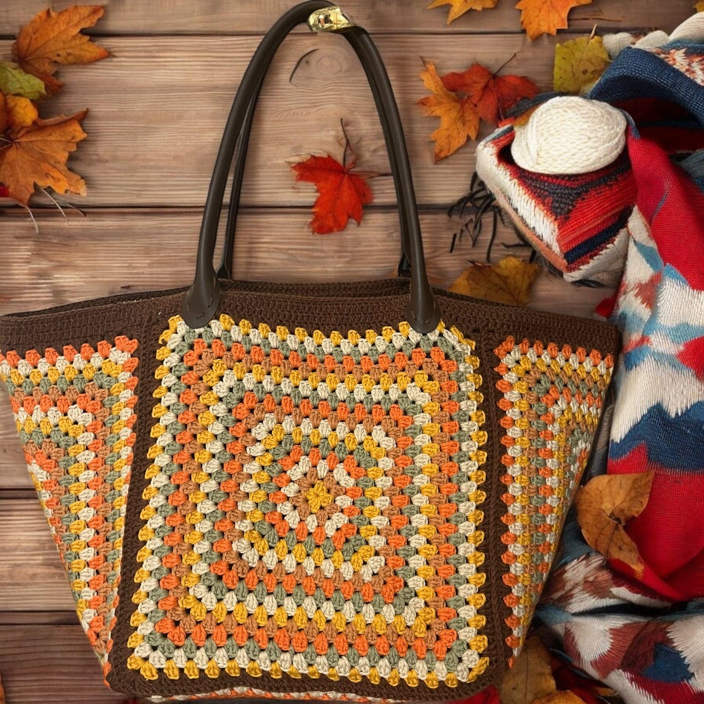 XXL Granny Square Crochet Bag: Autumn Colors, Leather Handles