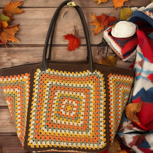 XXL Granny Square Crochet Bag: Autumn Colors, Leather Handles