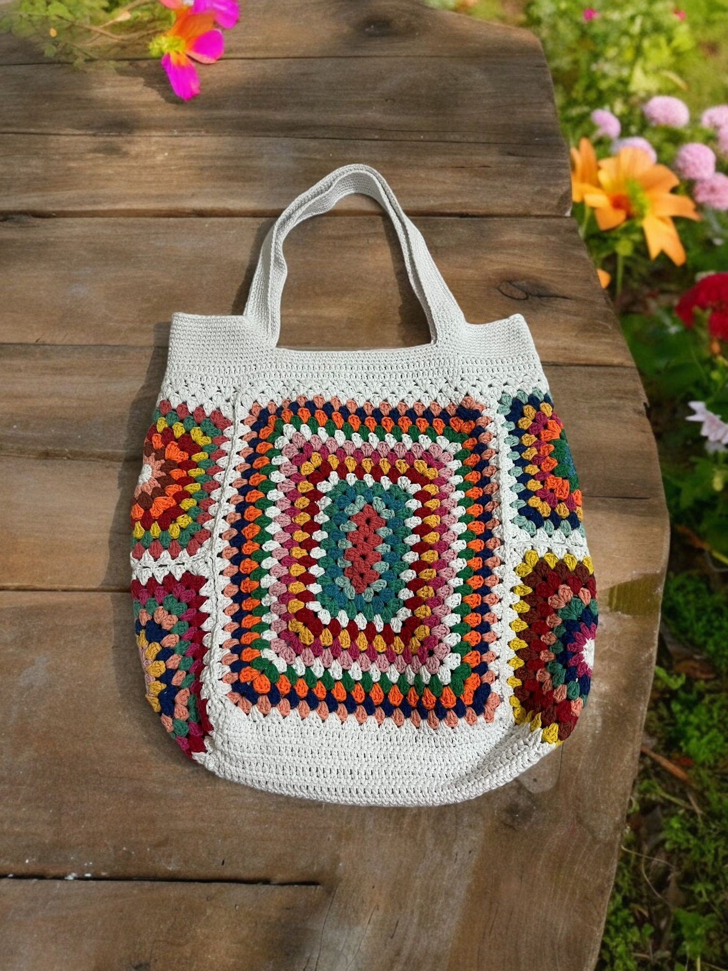 Crochet Granny Square Tote Bag: Colorful Boho Beach Bag