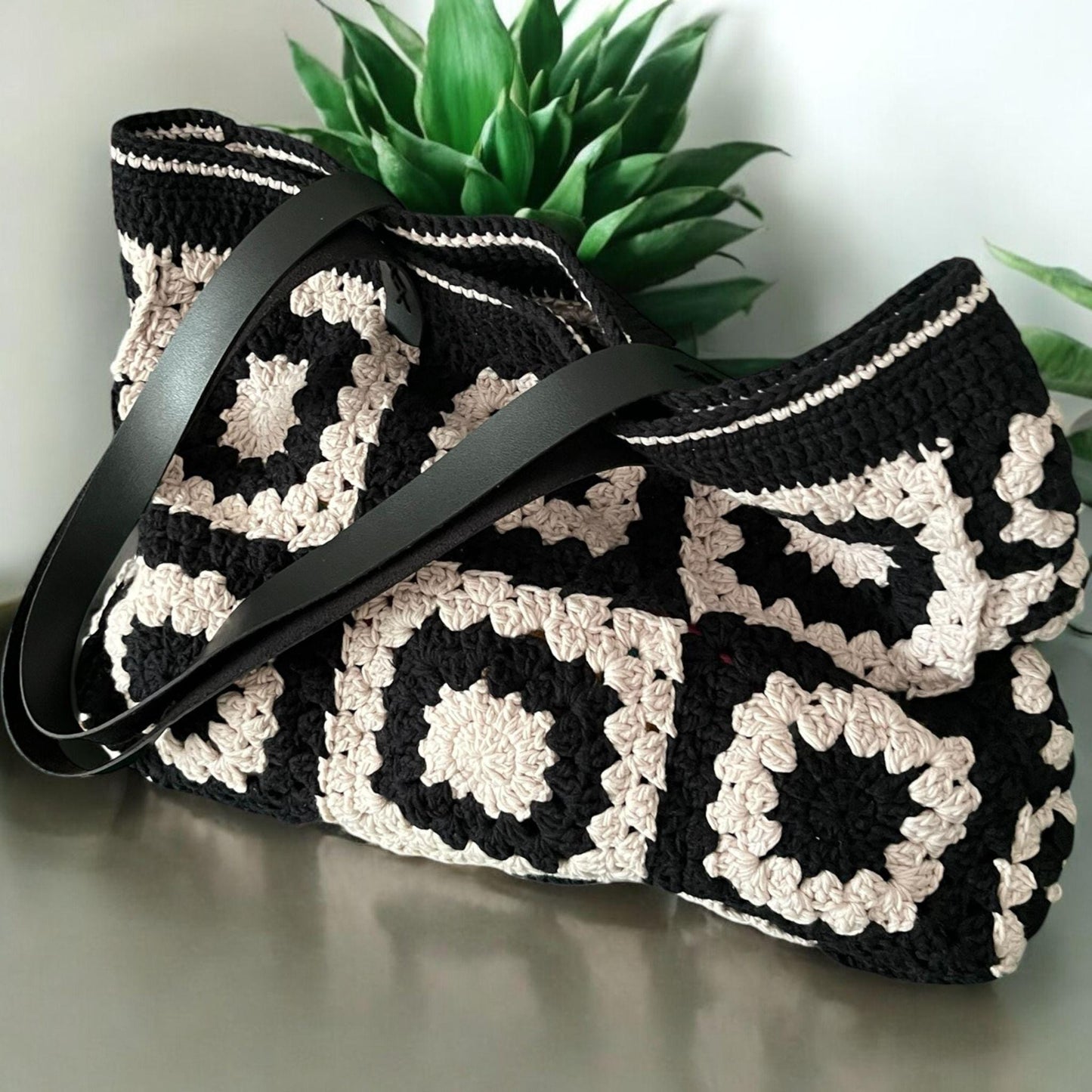 Black &amp; Cream Crochet Tote Bag with Leather Handles