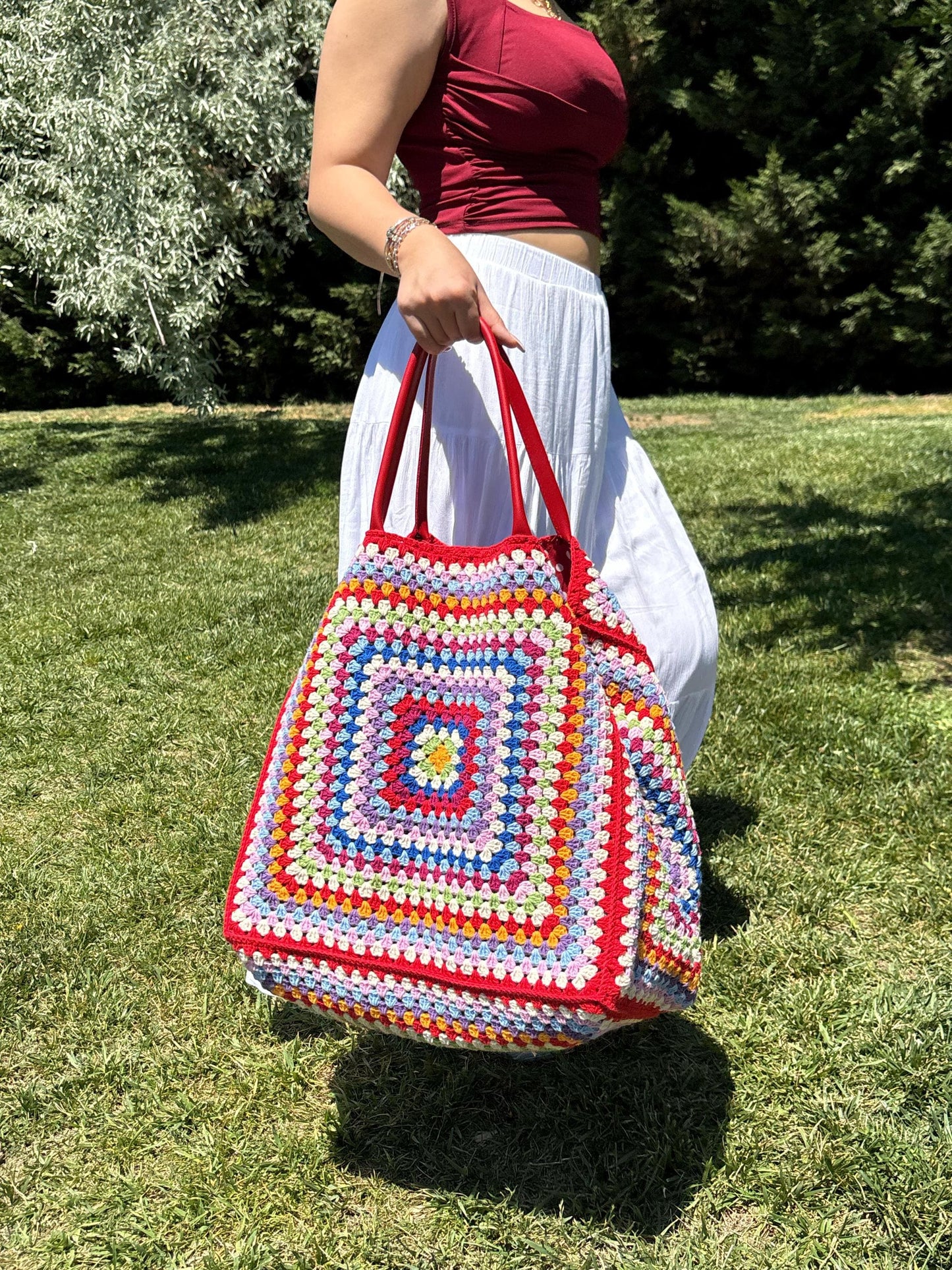 XXL Crochet Granny Square Tote: Leather Handles, Boho Weekender, Spring Style Bag