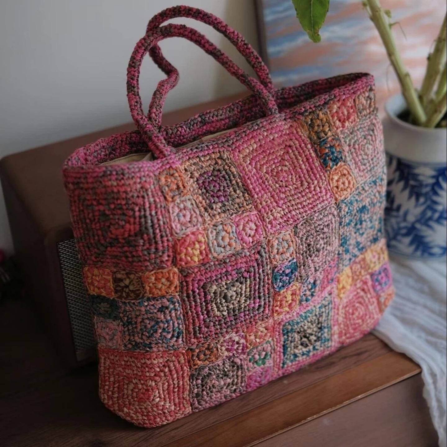 Handmade Boho Chic Raffia Handbag, Colorful Crochet Tote Bag, Woven Beach Bag with Magnetic Snap, Perfect for Vacation, Gift for Her