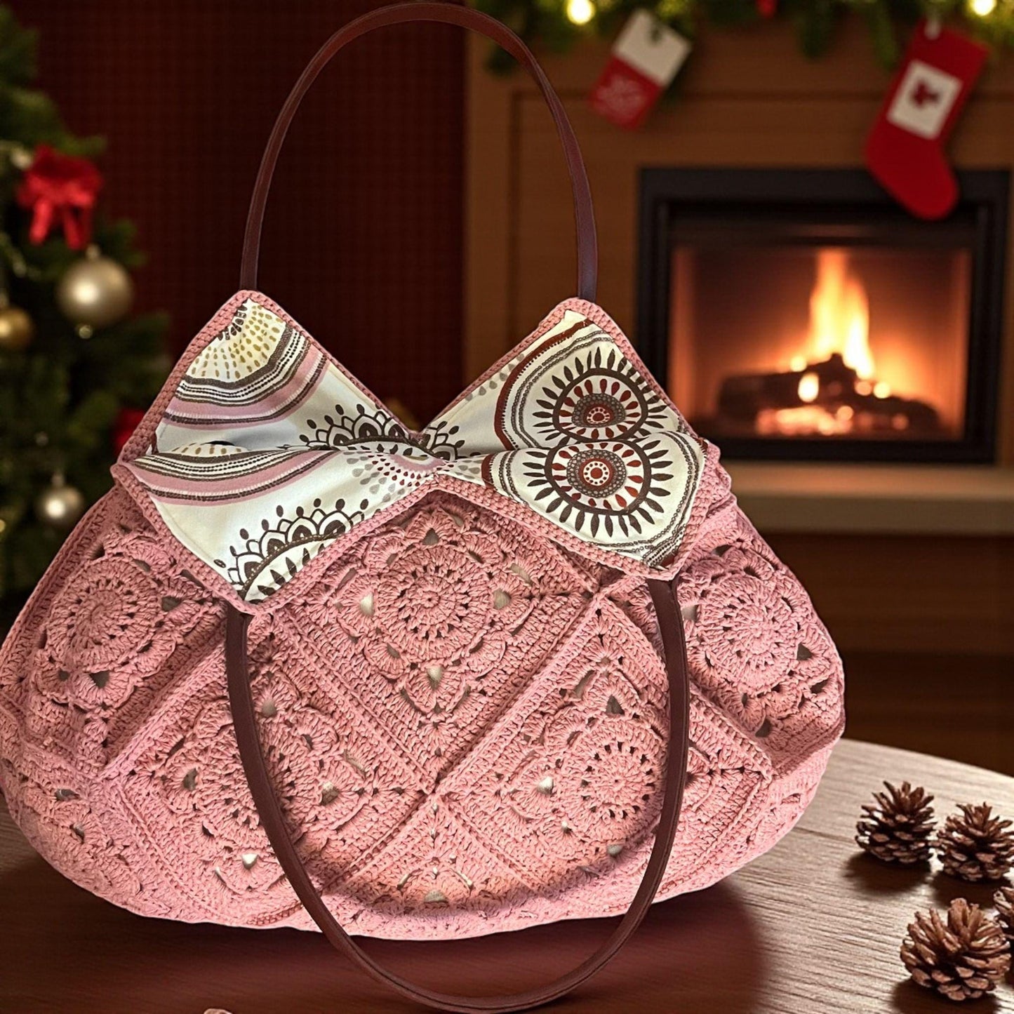 Pink Crochet Tote Bag â€?Handmade Granny Square Shoulder Bag, Boho Floral Purse, Vintage Style