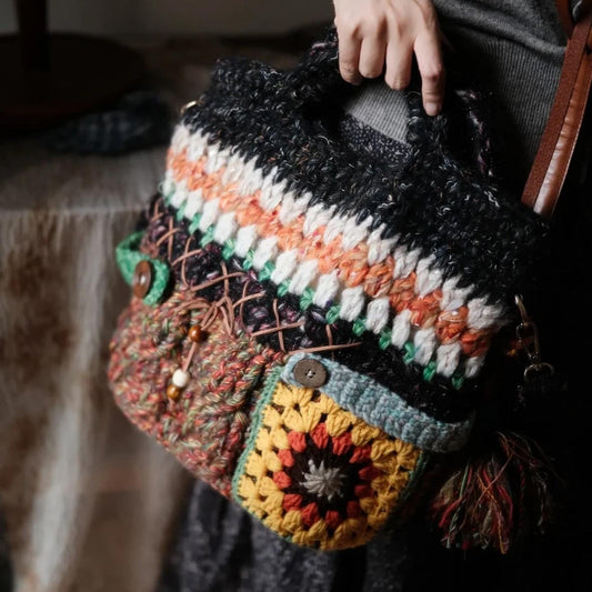 Handmade Crochet Tote Bag, "Wanderer's Soul" Mixed Yarn Bag, Lined Crochet Tote with Granny Square, Leather Button Detail, Boho Travel Purse