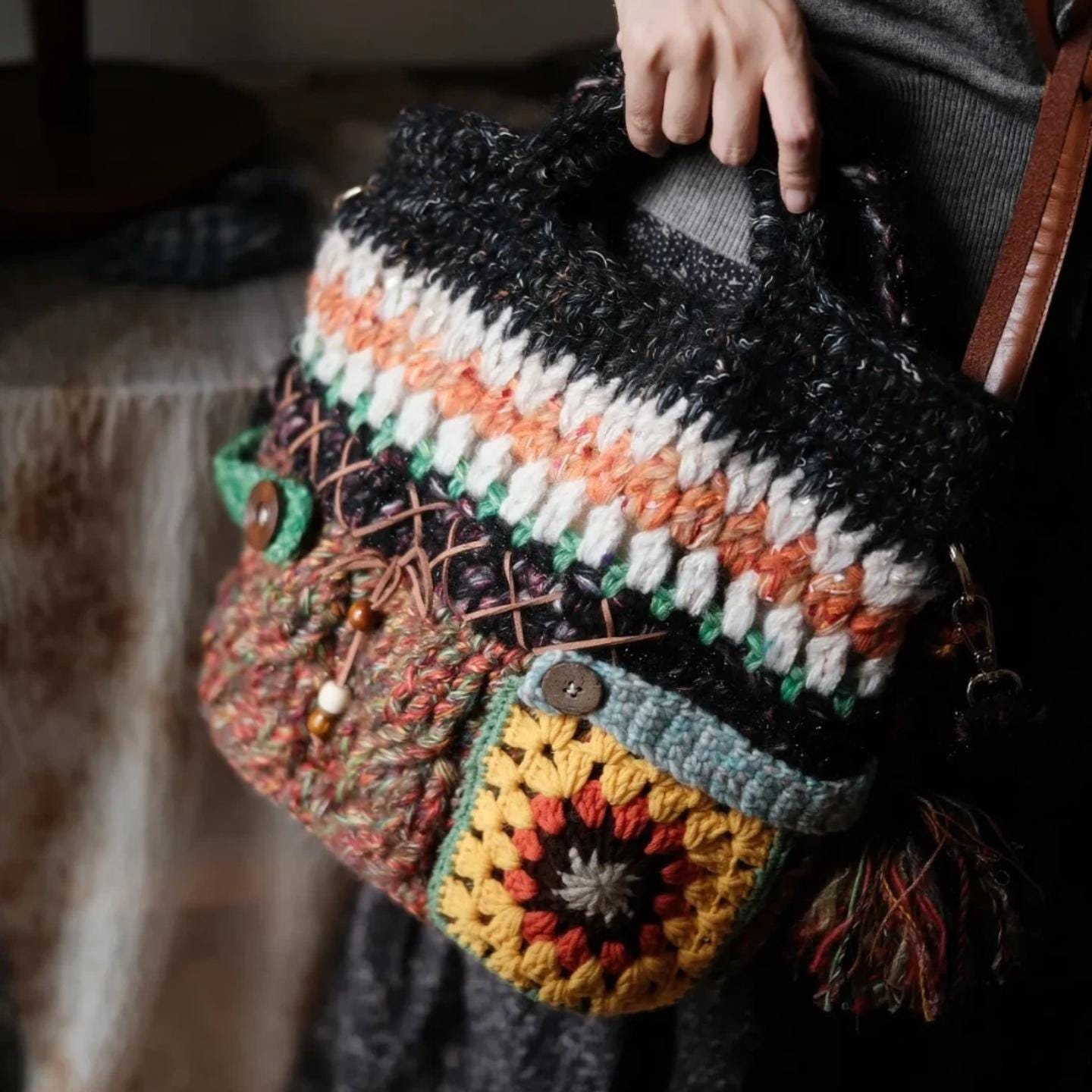 Handmade Crochet Tote Bag, "Wanderer's Soul" Mixed Yarn Bag, Lined Crochet Tote with Granny Square, Leather Button Detail, Boho Travel Purse