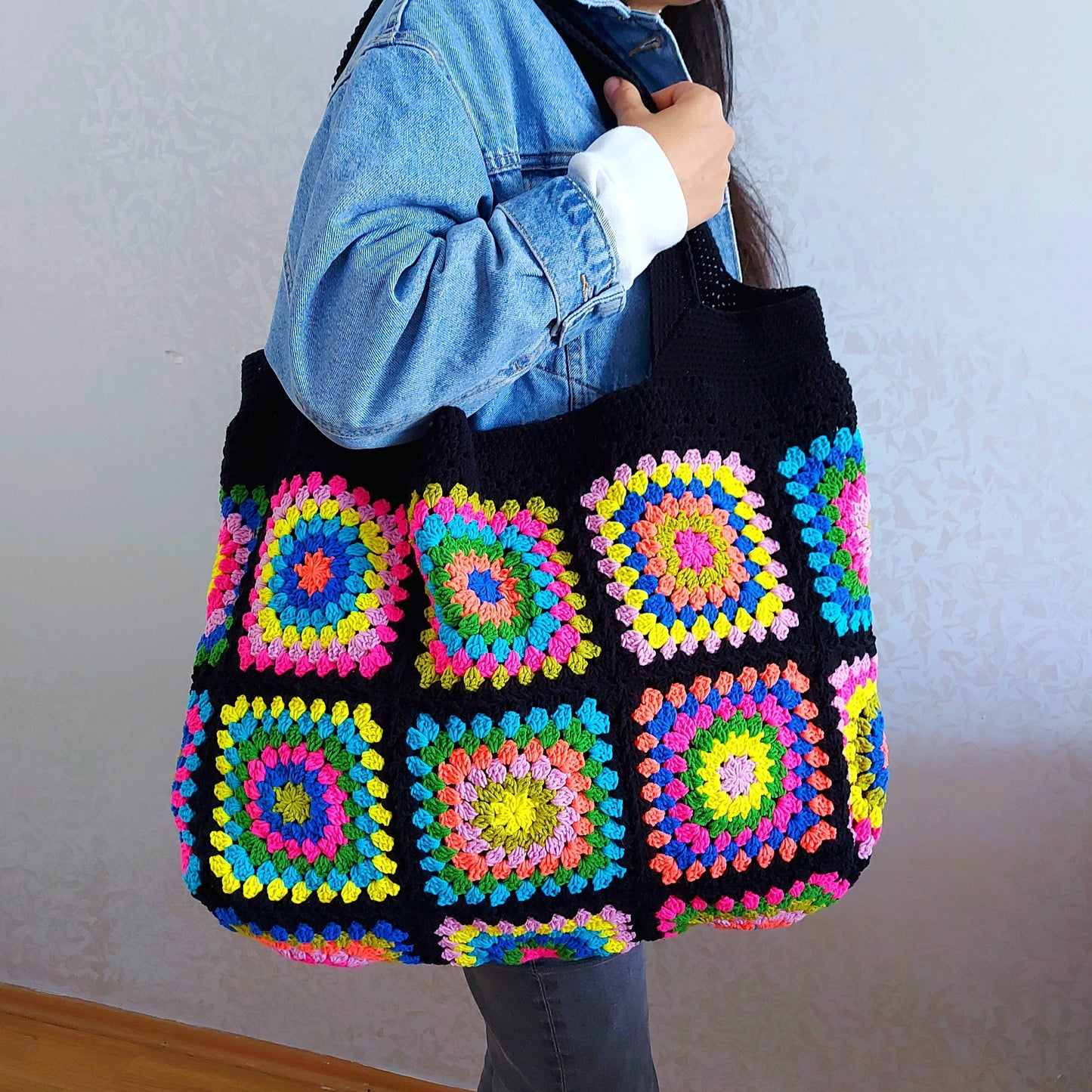 Crochet Granny Square Tote Bag: Colorful Handbags for Women, Custom Beach Bag, Spring Style
