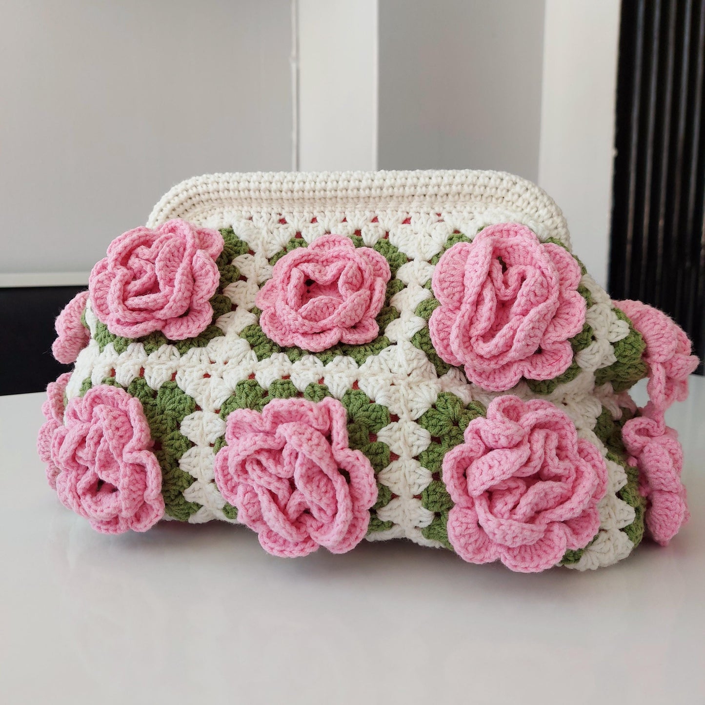 Handmade Crochet Granny Square Bag: 3D Rose Kisslock Clutch, Valentine Tote Bag